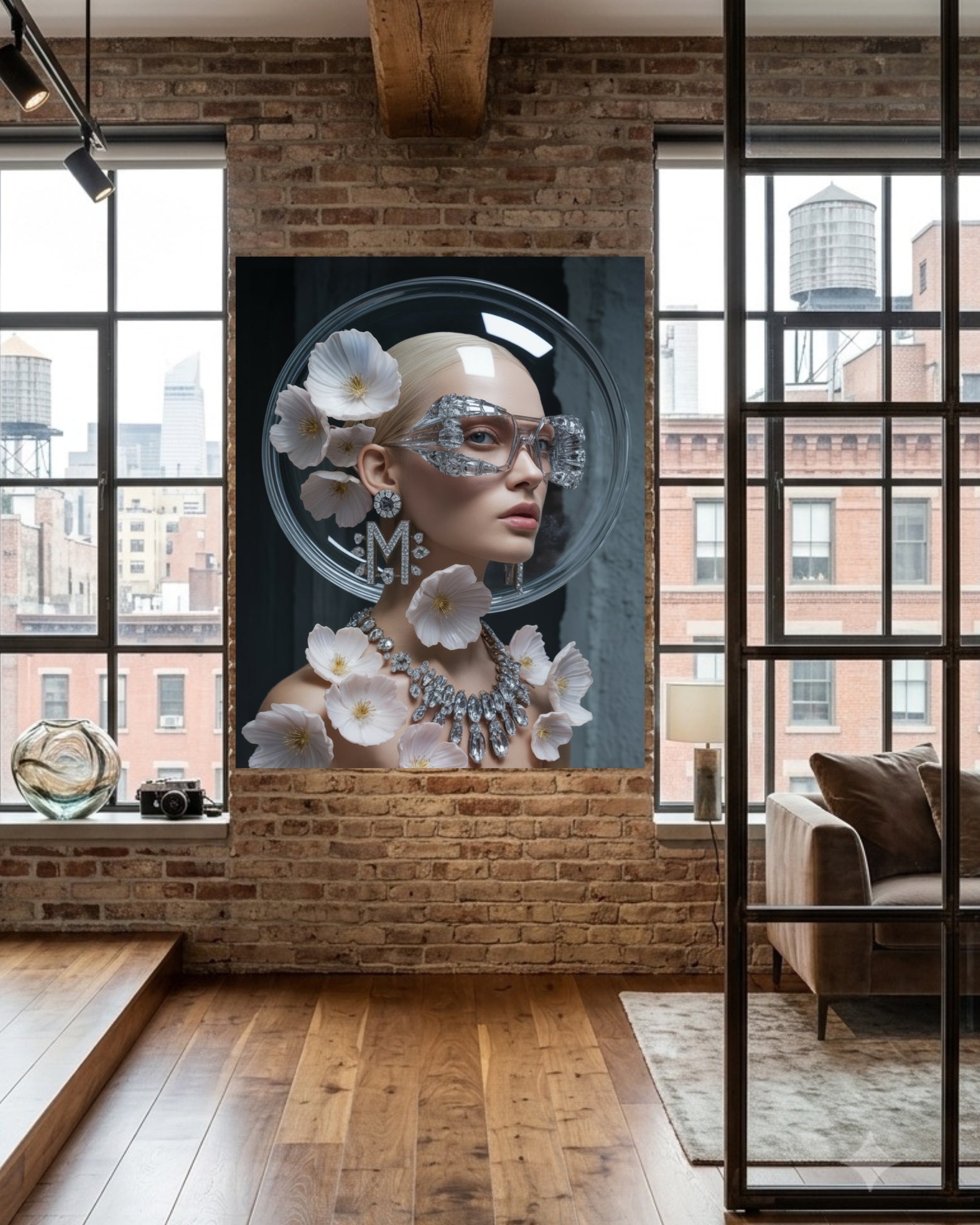 A large framed wall art print depicting a stylized woman with a oversized crystal sunglasses, diamond necklace and earrings with "M" monogram displayed on a brick wall in a modern loft-style room with wood floors and windows.