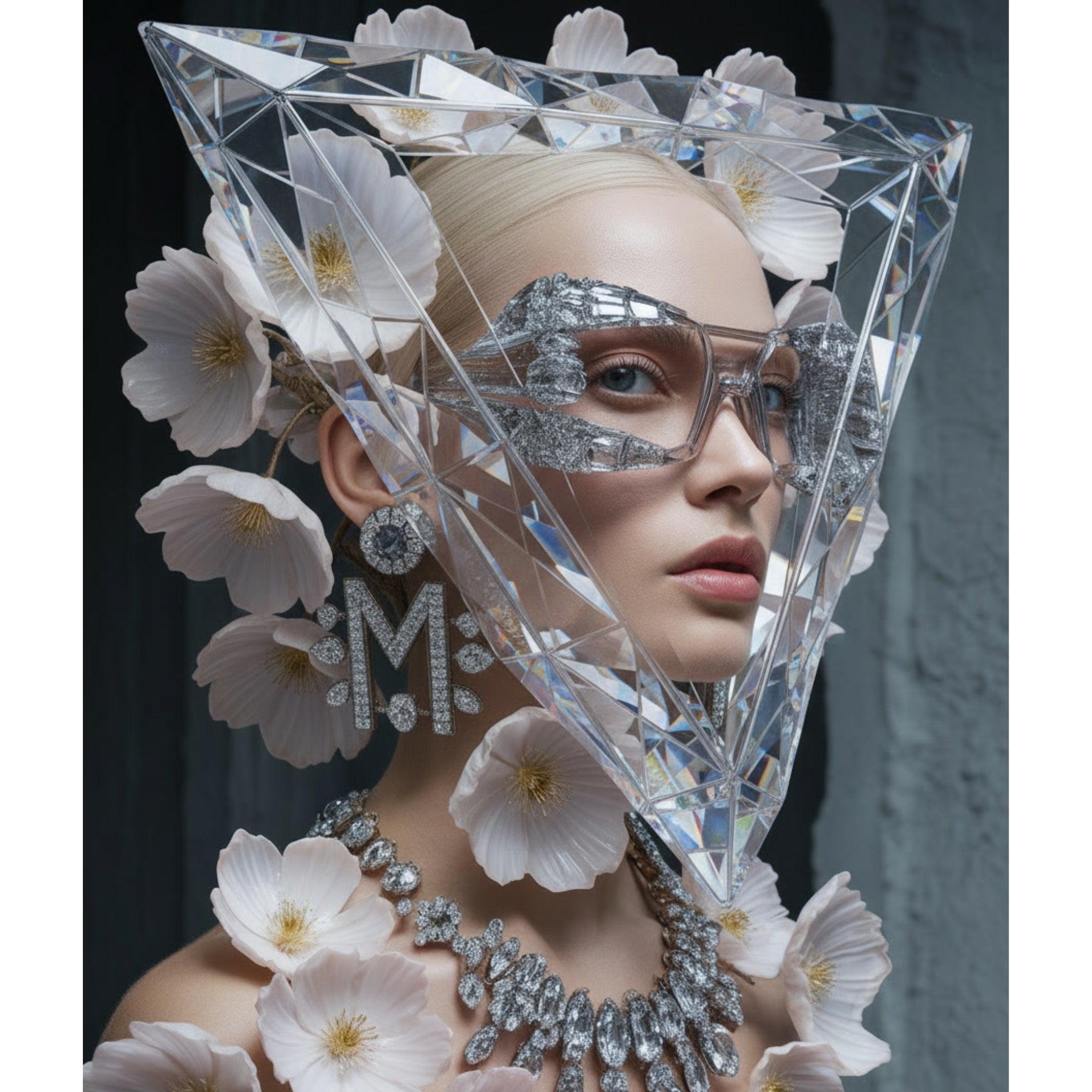 A surreal portrait of a model with platinum blonde hair wears a large, clear faceted diamond-like geometric headpiece, silver rhinestone eyewear, a matching diamond necklace, and a large diamond 'M' earring, surrounded by white flowers against a dark grey background.
