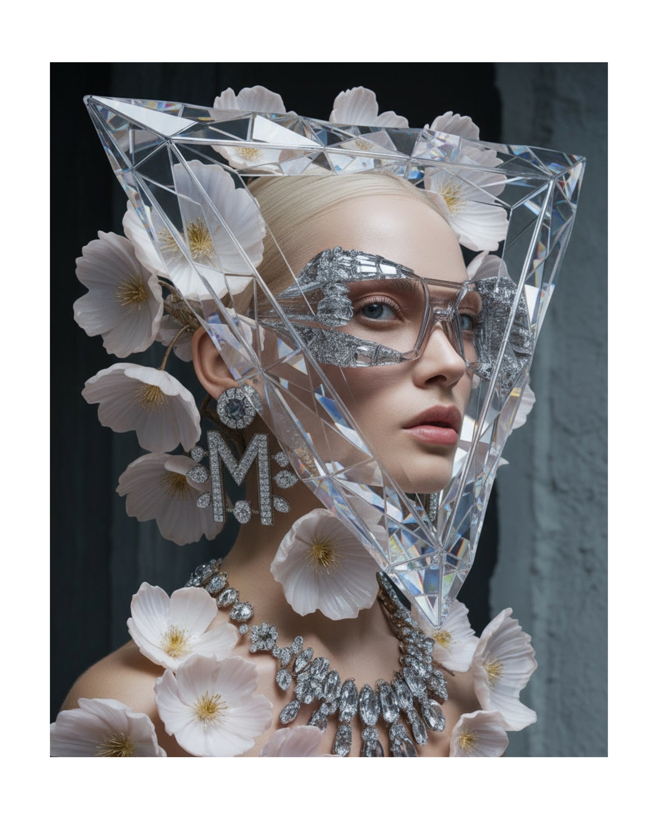 A surreal portrait of a model with platinum blonde hair wears a large, clear faceted diamond-like geometric headpiece, silver rhinestone eyewear, a matching diamond necklace, and a large diamond 'M' earring, surrounded by white flowers against a dark grey background.