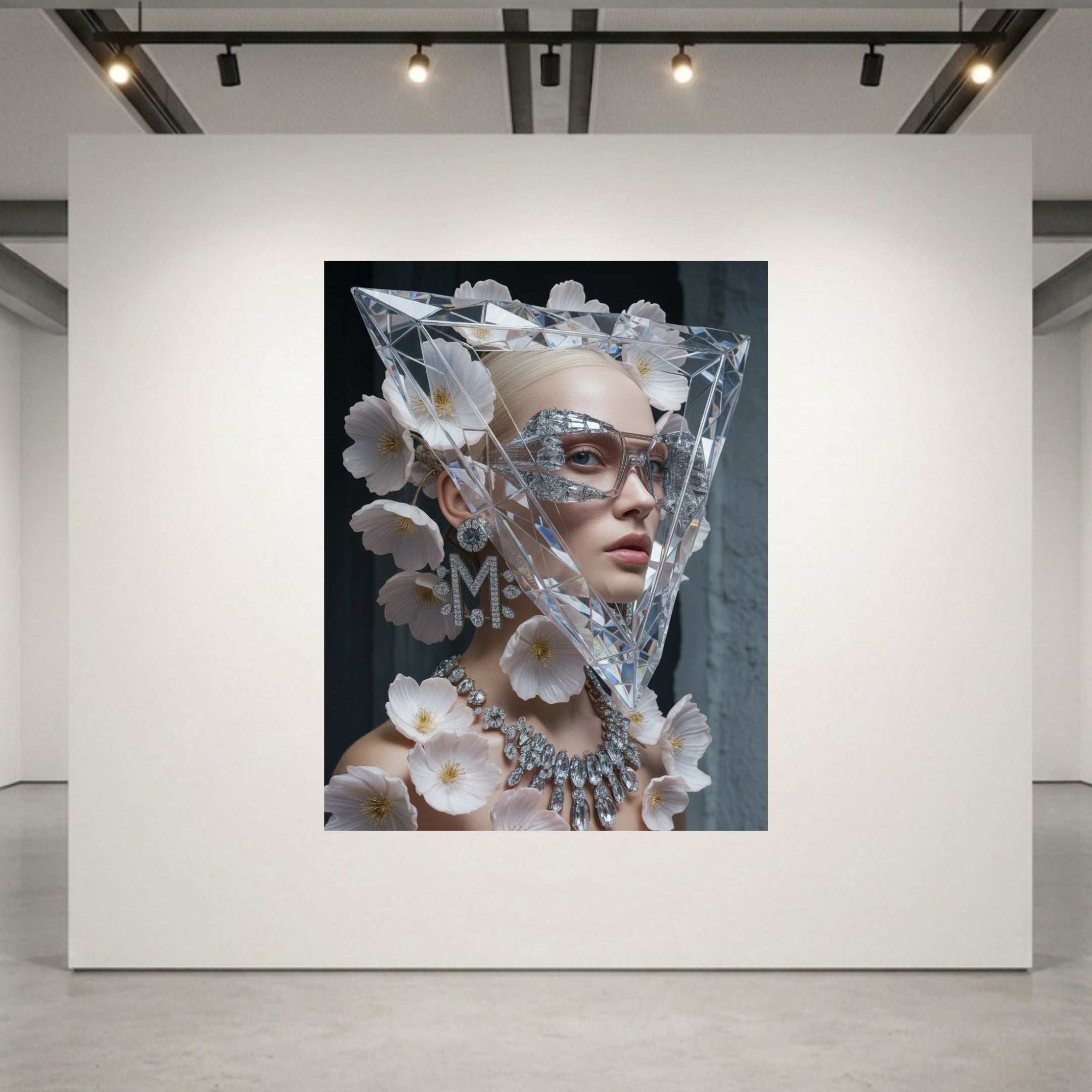A large framed art print displayed on a white gallery wall in a modern studio or museum space. The print features a surreal portrait of a woman wearing a transparent geometric headpiece made of flower-like elements and silver-toned glasses.