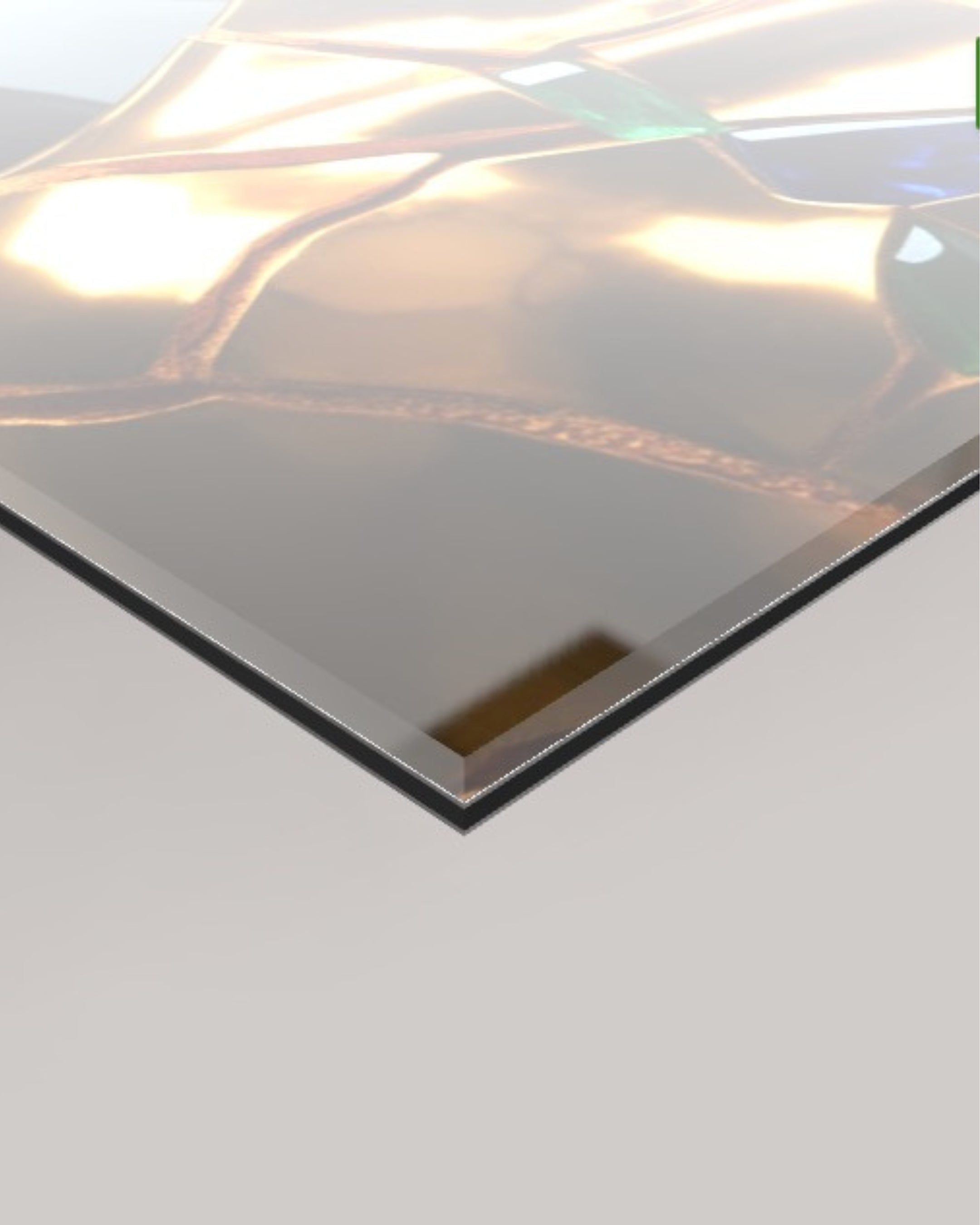 A close-up of a transparent 4mm acrylic glass showing the Bullion artwork details at an angle against a light grey background.