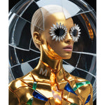 A stylized portrait of a metallic gold model with short platinum-blonde hair, sun-shaped silver and black eye accessories with marquise diamond accents. The model's face and body are covered in gold with molten veins mimicking the ancient art of Kintsugi. Green emeralds and blue sapphires geometric accents embellishments complete the look. Model is set against a dark circular background with cracked-glass effects.