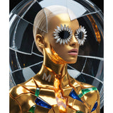A stylized portrait of a metallic gold model with short platinum-blonde hair, sun-shaped silver and black eye accessories with marquise diamond accents. The model's face and body are covered in gold with molten veins mimicking the ancient art of Kintsugi. Green emeralds and blue sapphires geometric accents embellishments complete the look. Model is set against a dark circular background with cracked-glass effects.