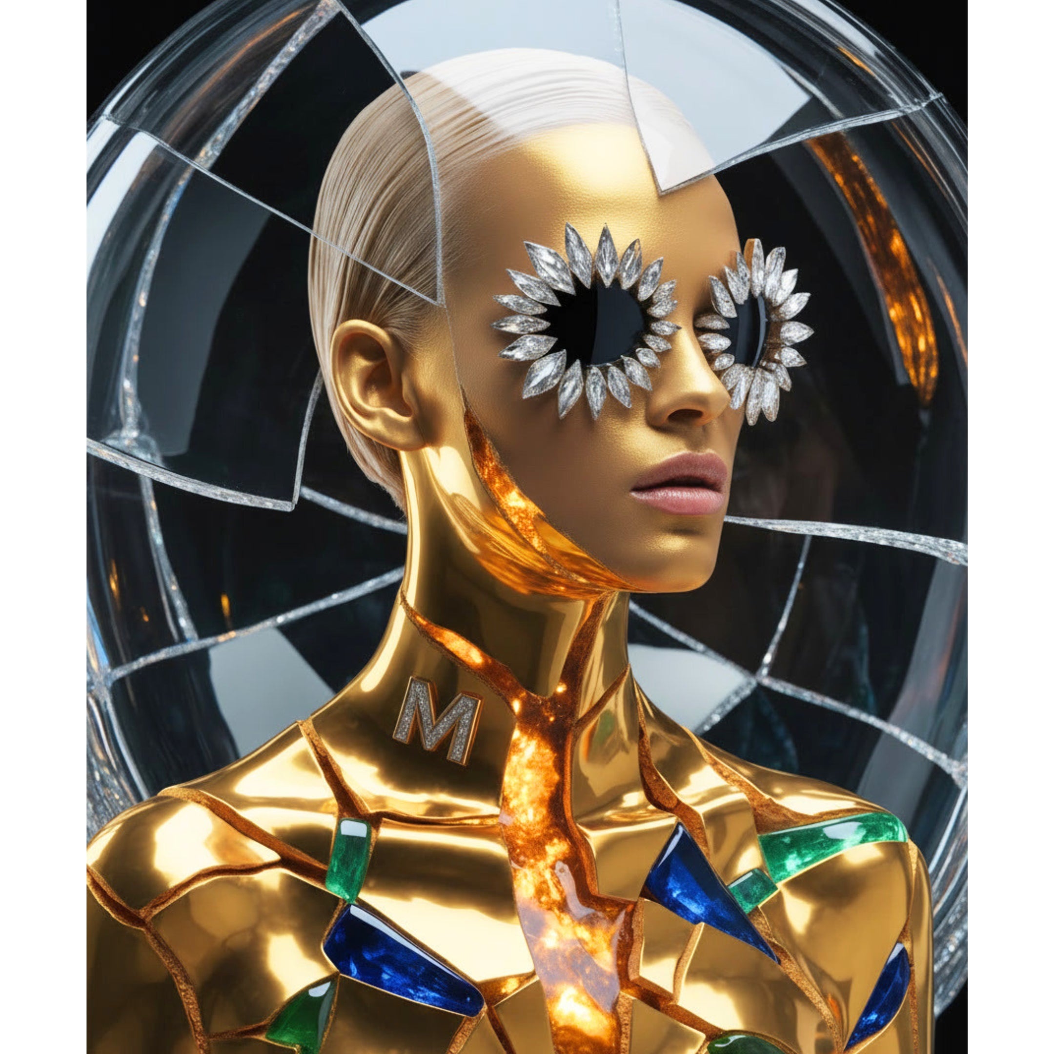 A stylized portrait of a metallic gold model with short platinum-blonde hair, sun-shaped silver and black eye accessories with marquise diamond accents. The model's face and body are covered in gold with molten veins mimicking the ancient art of Kintsugi. Green emeralds and blue sapphires geometric accents embellishments complete the look. Model is set against a dark circular background with cracked-glass effects.