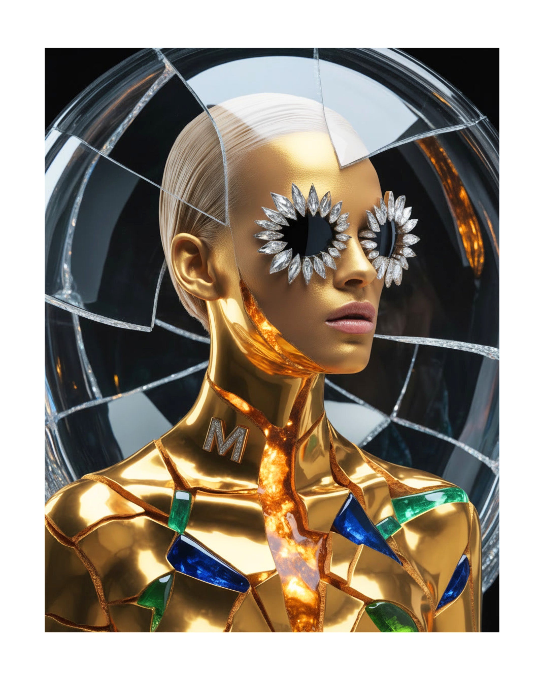 A stylized portrait of a metallic gold model with short platinum-blonde hair, sun-shaped silver and black eye accessories with marquise diamond accents. The model's face and body are covered in gold with molten veins mimicking the ancient art of Kintsugi. Green emeralds and blue sapphires geometric accents embellishments complete the look. Model is set against a dark circular background with cracked-glass effects.