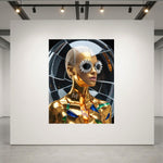 A large wall art print displayed on a white gallery wall, featuring a stylized portrait of a metallic gold model with marquise diamond flower-shaped sunglasses against a dark circular background. The room has a grey floor, black ceiling beams, and track lighting above.