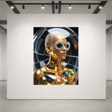 A large wall art print displayed on a white gallery wall, featuring a stylized portrait of a metallic gold model with marquise diamond flower-shaped sunglasses against a dark circular background. The room has a grey floor, black ceiling beams, and track lighting above.