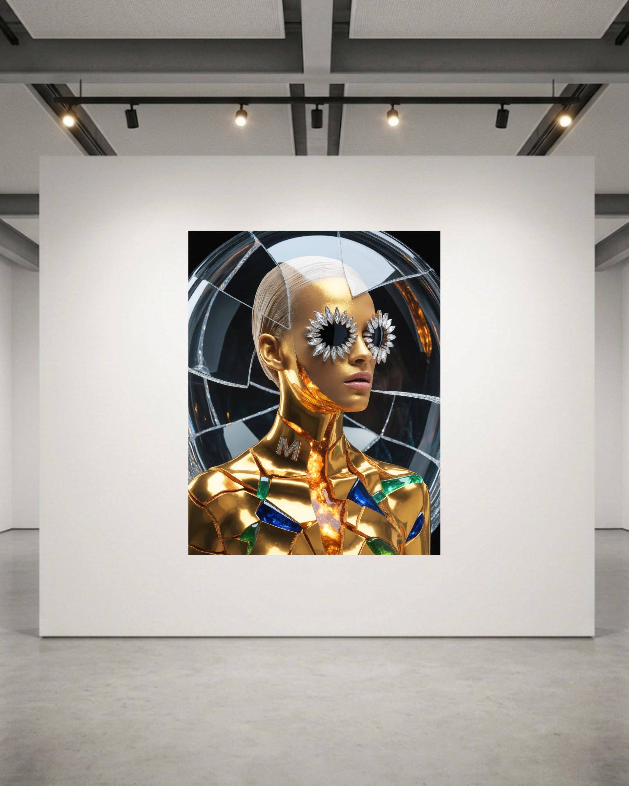 A large wall art print displayed on a white gallery wall, featuring a stylized portrait of a metallic gold model with marquise diamond flower-shaped sunglasses against a dark circular background. The room has a grey floor, black ceiling beams, and track lighting above.