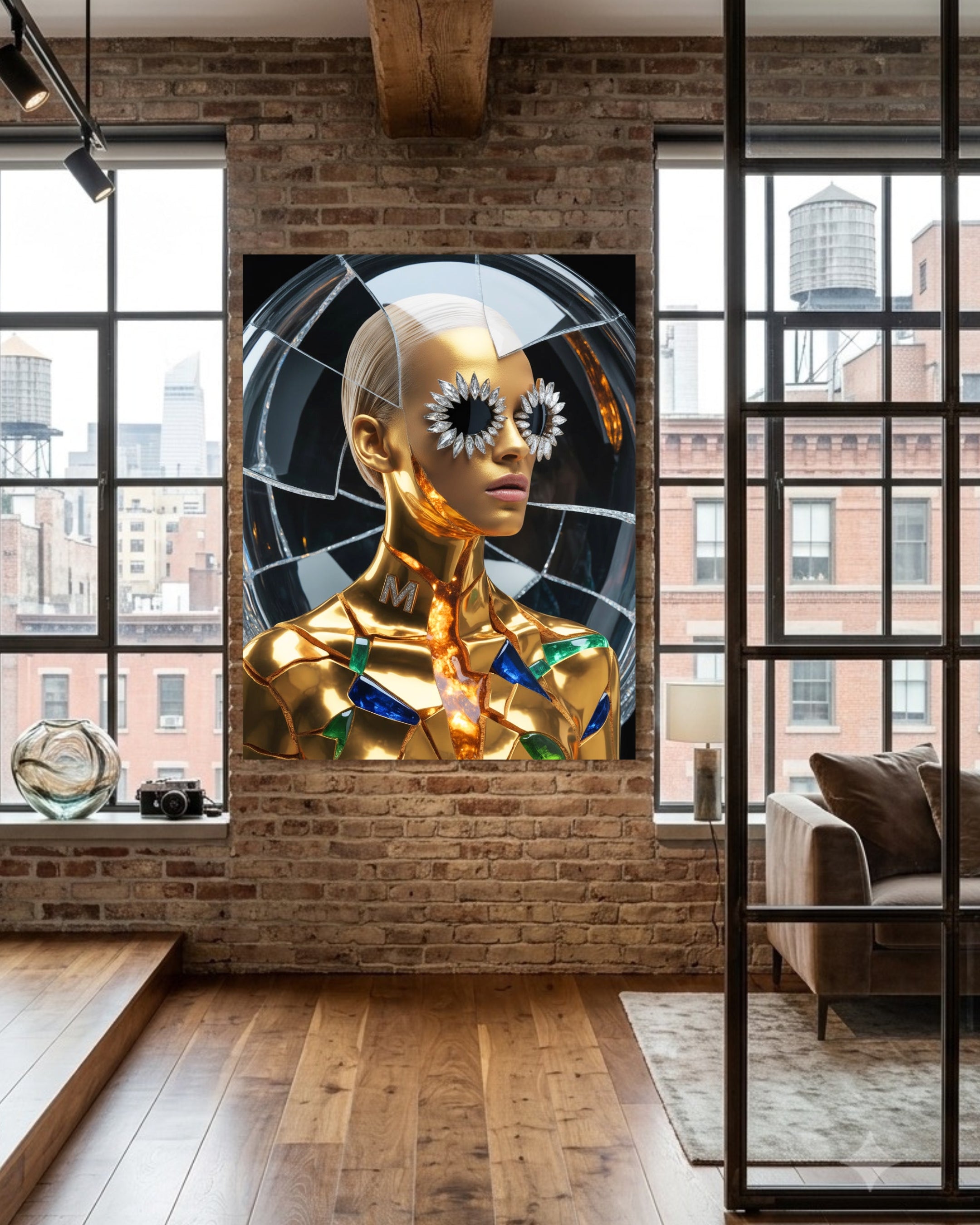 A large framed wall art print depicting a glossy gold woman model with flower-like diamond sunglasses, displayed on a brick wall in a modern loft room with wood floors and large windows.