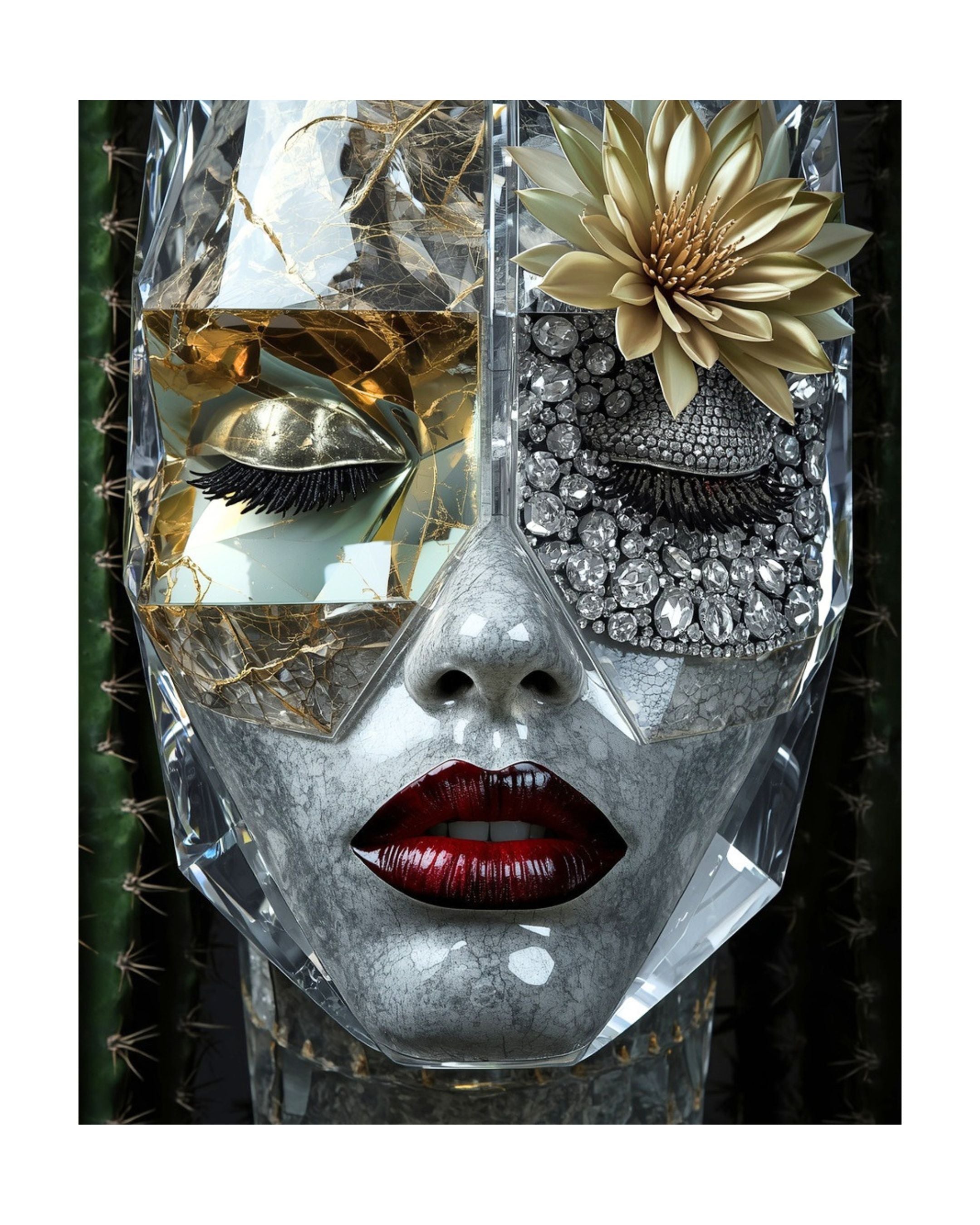 A close-up of a sculptural decorative grey marble face mask with a diamond eye patch and eye lids, red lips, and gold succulent eye browse accent set against a dark background with cactus-plants. Caviar surreal portrait by MizDragonfly.