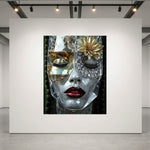 A rectangle wall art set in luxurious acrylic glass displayed on a large white gallery wall in a modern gallery space. The artwork features a close-up of a face with a clear mask with one eye covered with diamonds, and bright red lips, set against a dark background. 