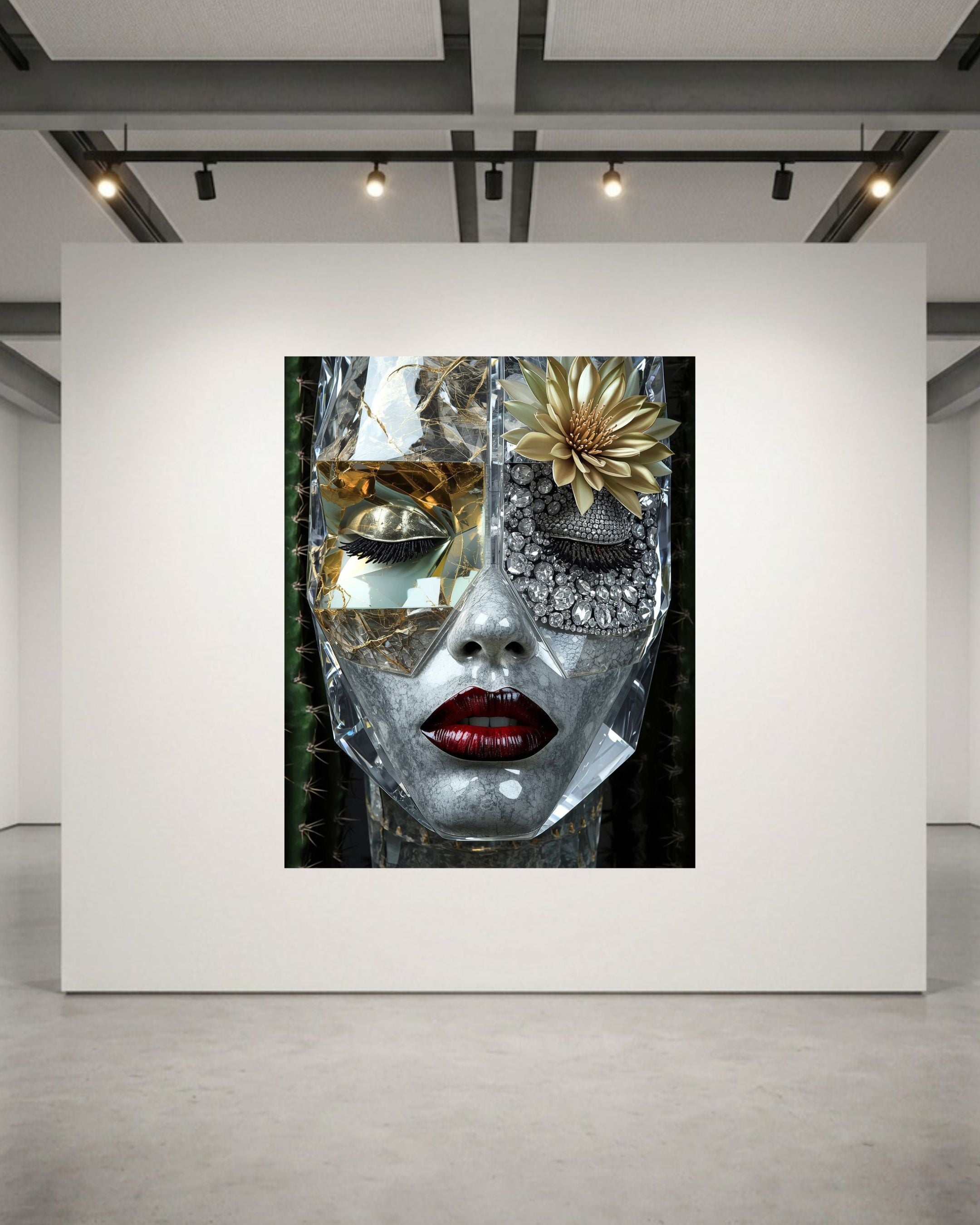 A rectangle wall art set in luxurious acrylic glass displayed on a large white gallery wall in a modern gallery space. The artwork features a close-up of a face with a clear mask with one eye covered with diamonds, and bright red lips, set against a dark background. 