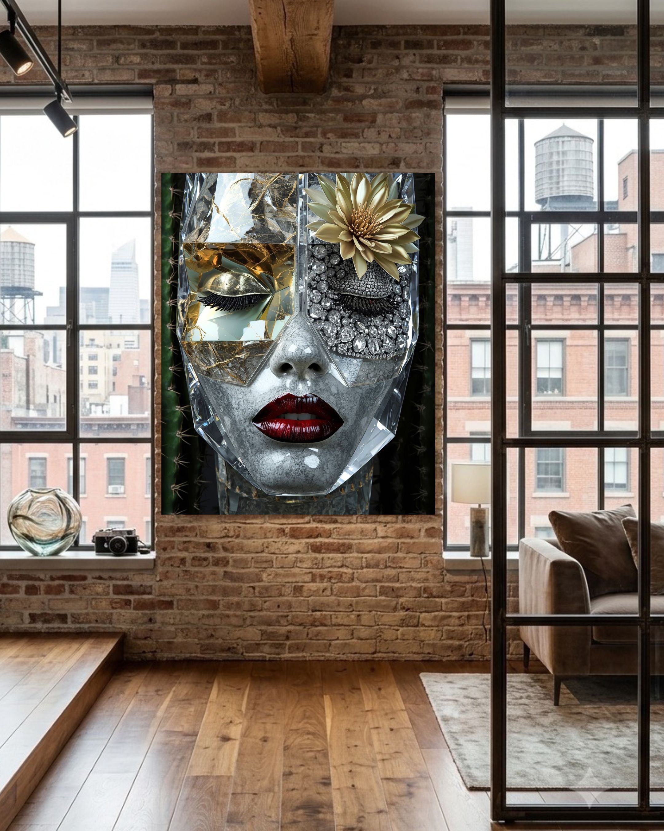 A large wall art print depicting a stylized grey marble face with a gold flower, diamond eye lids, and red lips, displayed on a brick wall in a modern loft-style room with windows and wood floors. 