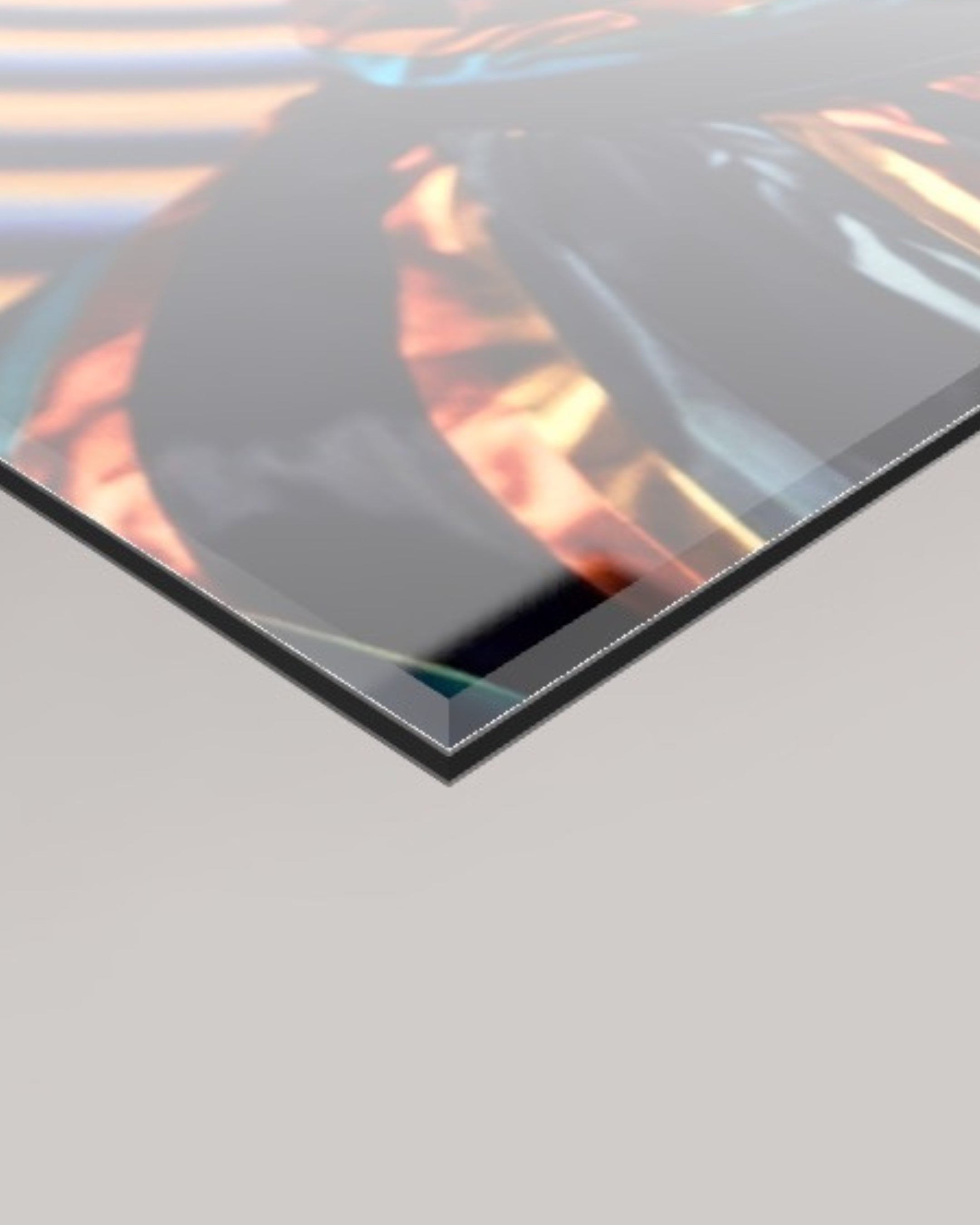 A close-up angled view of a 4mm glossy acrylic glass panel with a dark reflective surface showing warm orange and blue tones, set against a light grey background.