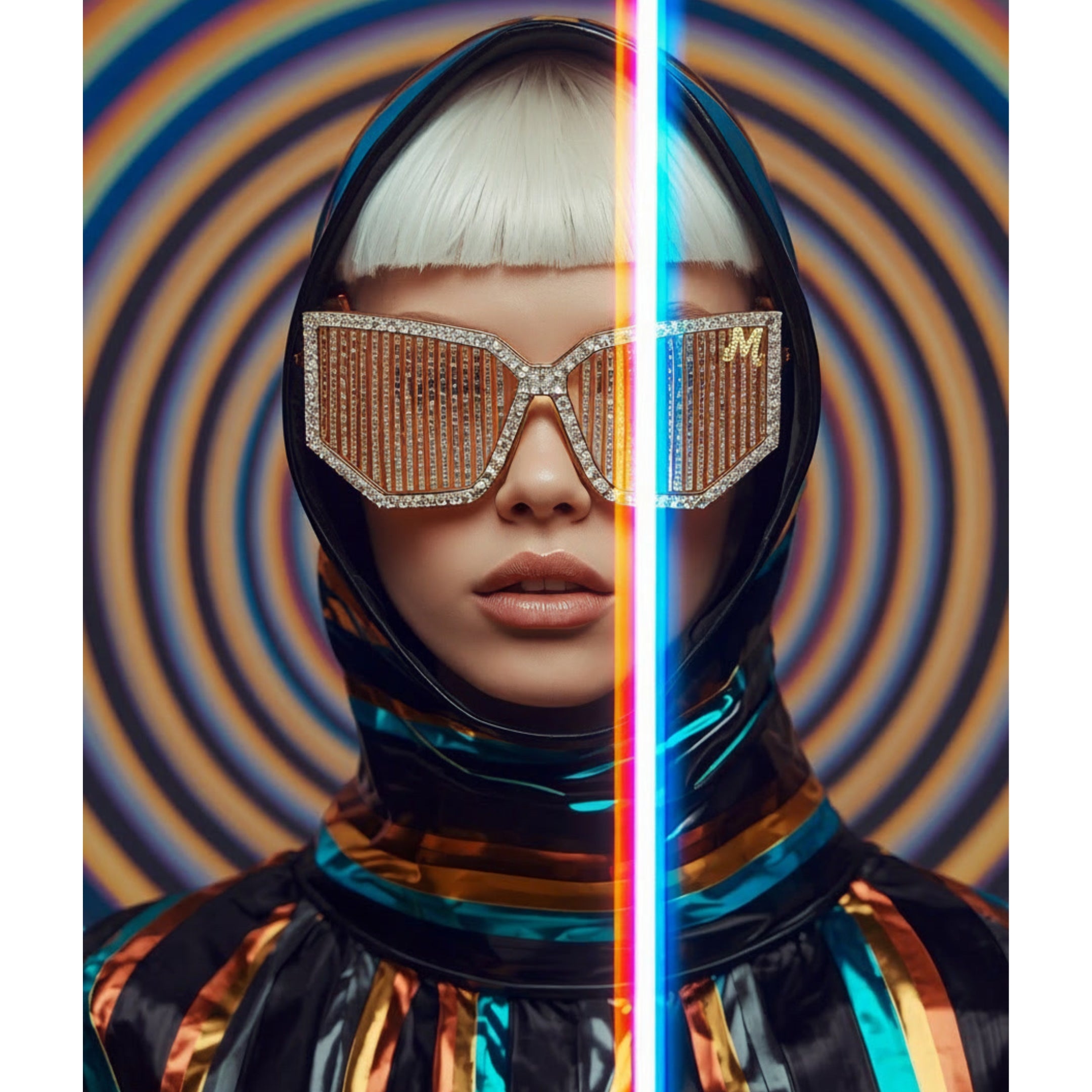 A stylized portrait of a person with a platinum-blonde bob, wearing oversized rhinestone-embellished shield sunglasses and a shiny black hooded top with iridescent blue, gold, and orange reflective fabric. The background features concentric rainbow-colored rings, and a vertical rainbow light streak runs down the center.