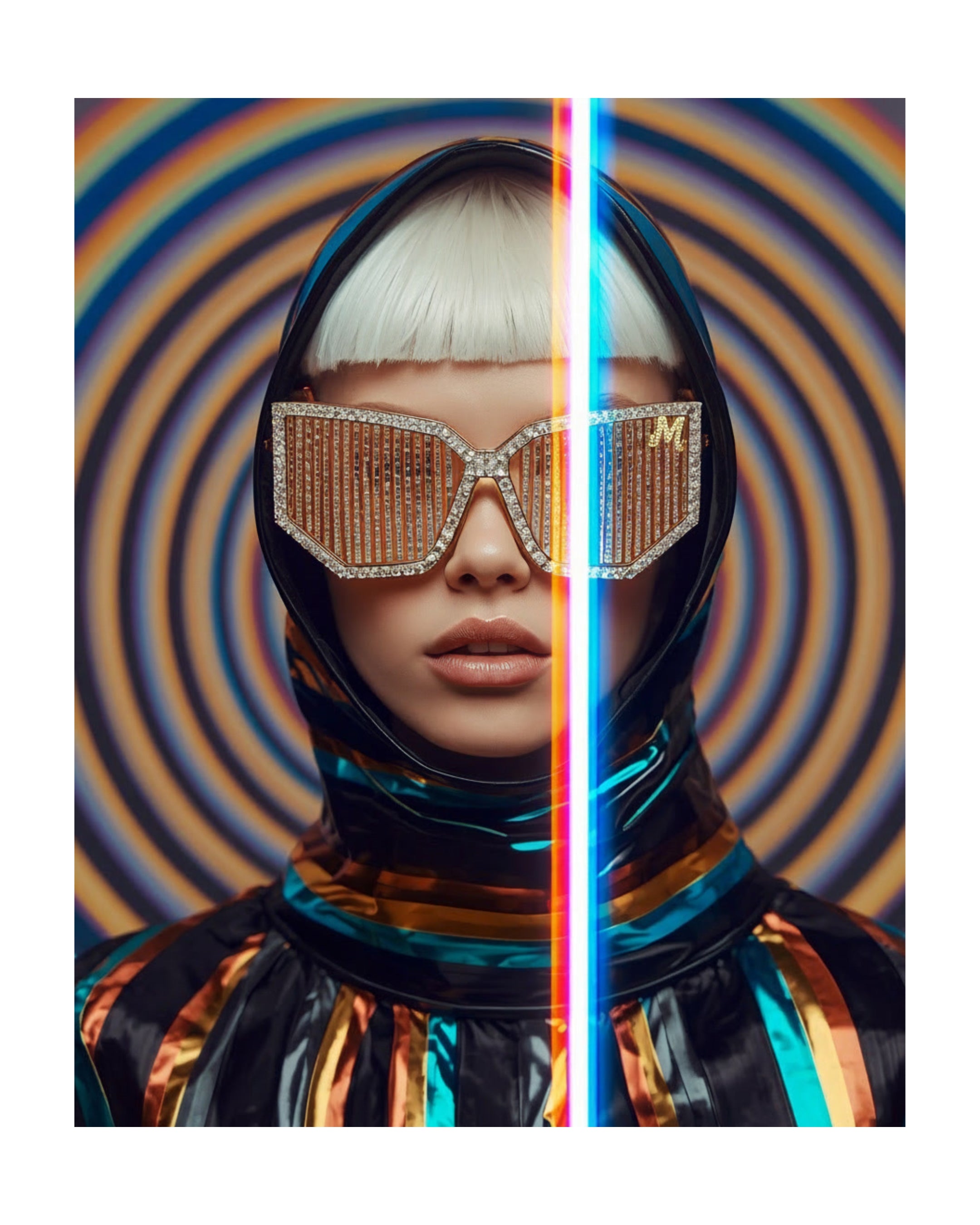 A stylized portrait of a person with a platinum-blonde bob, wearing oversized rhinestone-embellished shield sunglasses and a shiny black hooded top with iridescent blue, gold, and orange reflective fabric. The background features concentric rainbow-colored rings, and a vertical rainbow light streak runs down the center.