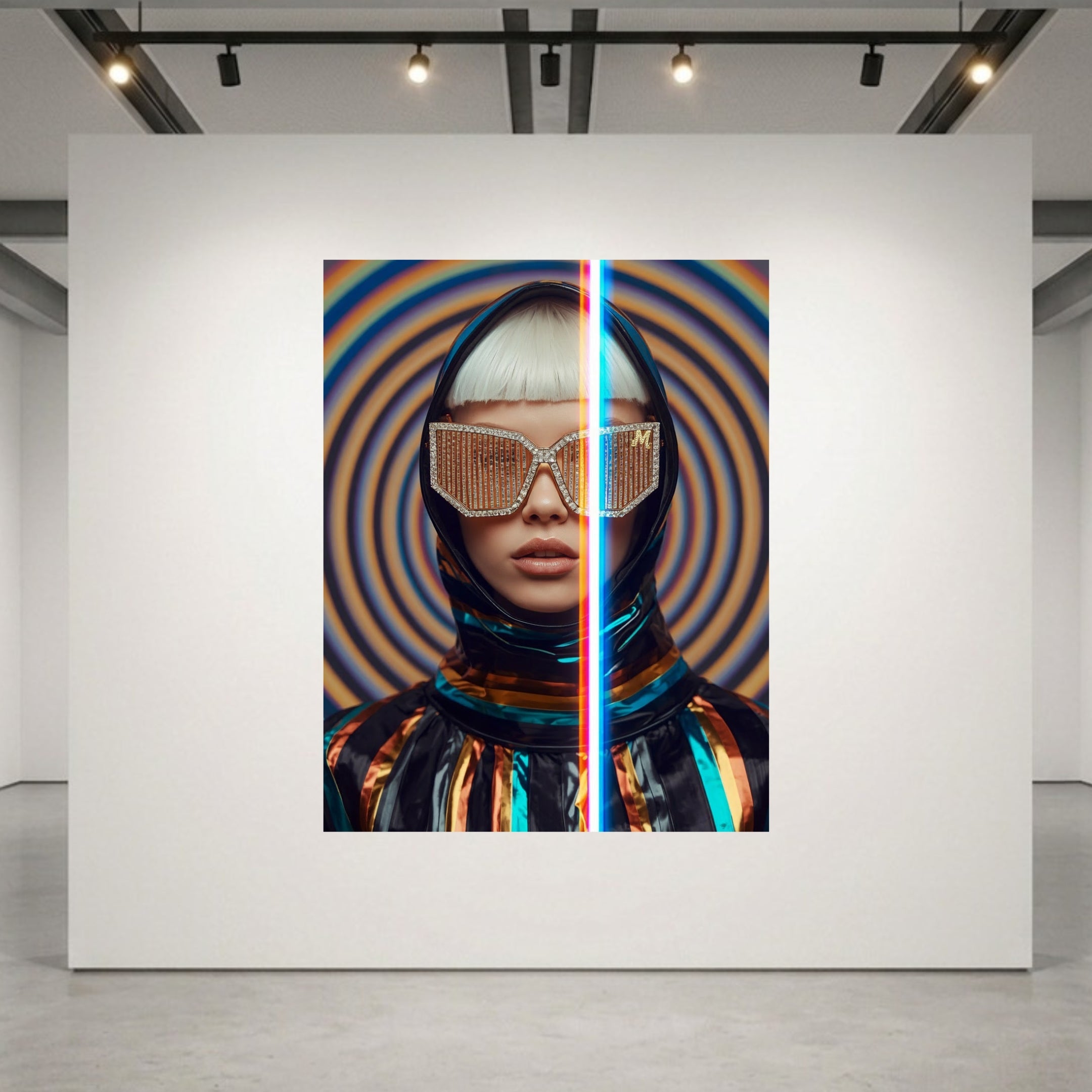 A large wall-mounted artwork in a gallery setting, showing a stylized portrait split vertically with a red-blue light dividing the frame. The artwork features a hooded figure with metallic visor-style glasses against concentric circular patterns in blue, orange, and black.