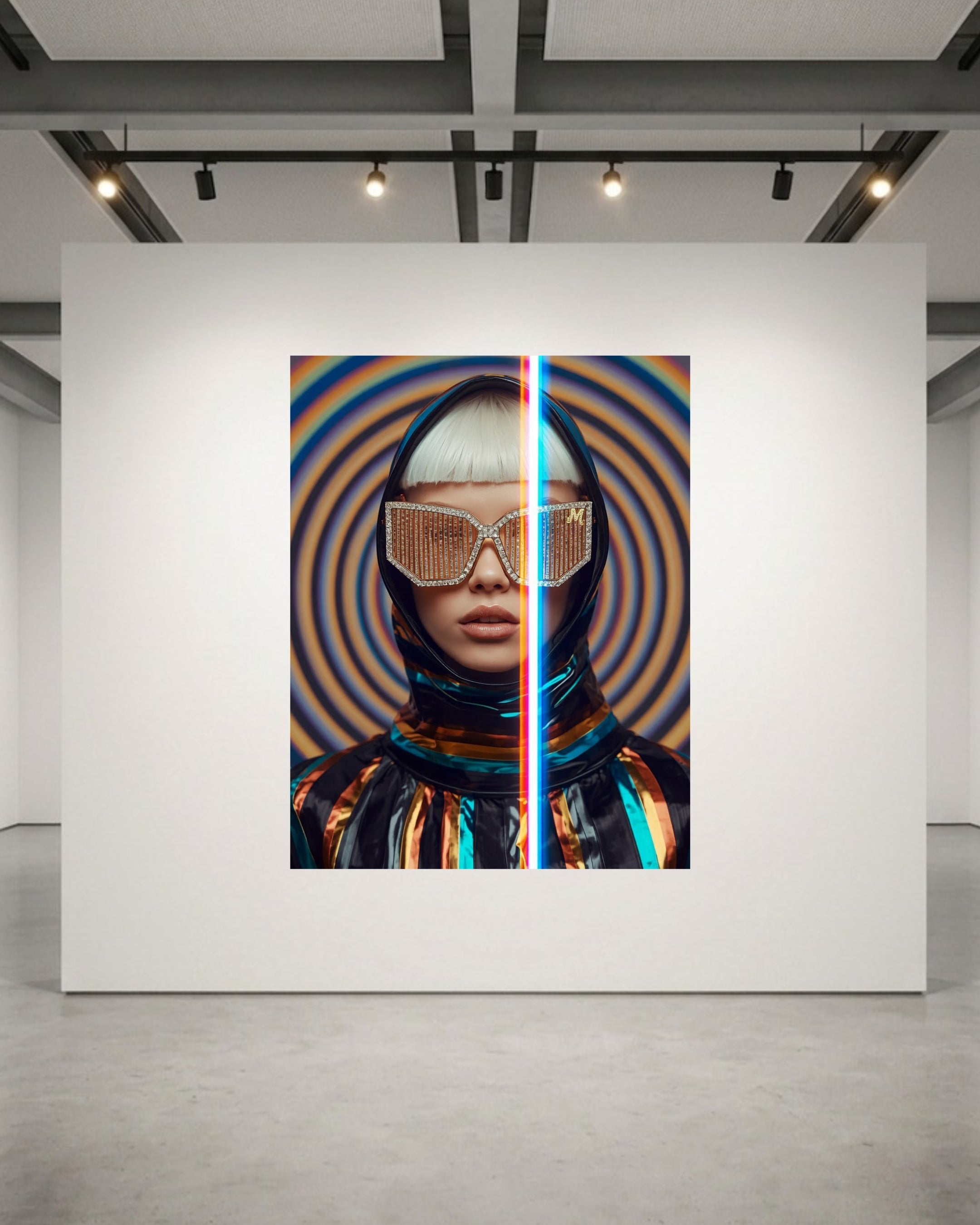 A large wall-mounted artwork in a gallery setting, showing a stylized portrait split vertically with a red-blue light dividing the frame. The artwork features a hooded figure with metallic visor-style glasses against concentric circular patterns in blue, orange, and black.