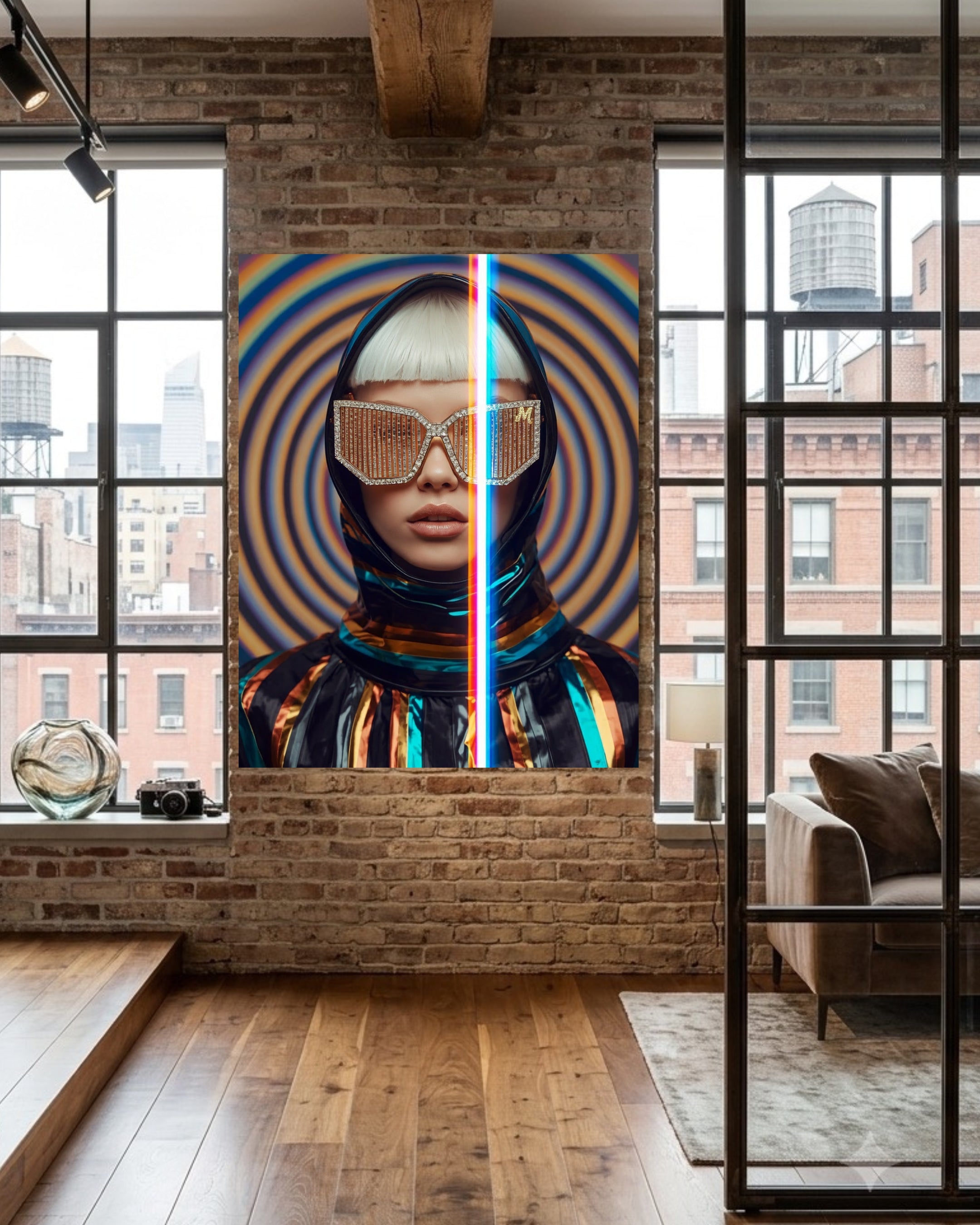 A large vertical canvas print featuring a stylized portrait of a woman with a platinum blonde bob, gold geometric sunglasses, and a metallic reflective outfit, displayed on a brick wall in a modern loft room with wood floors and large windows. 