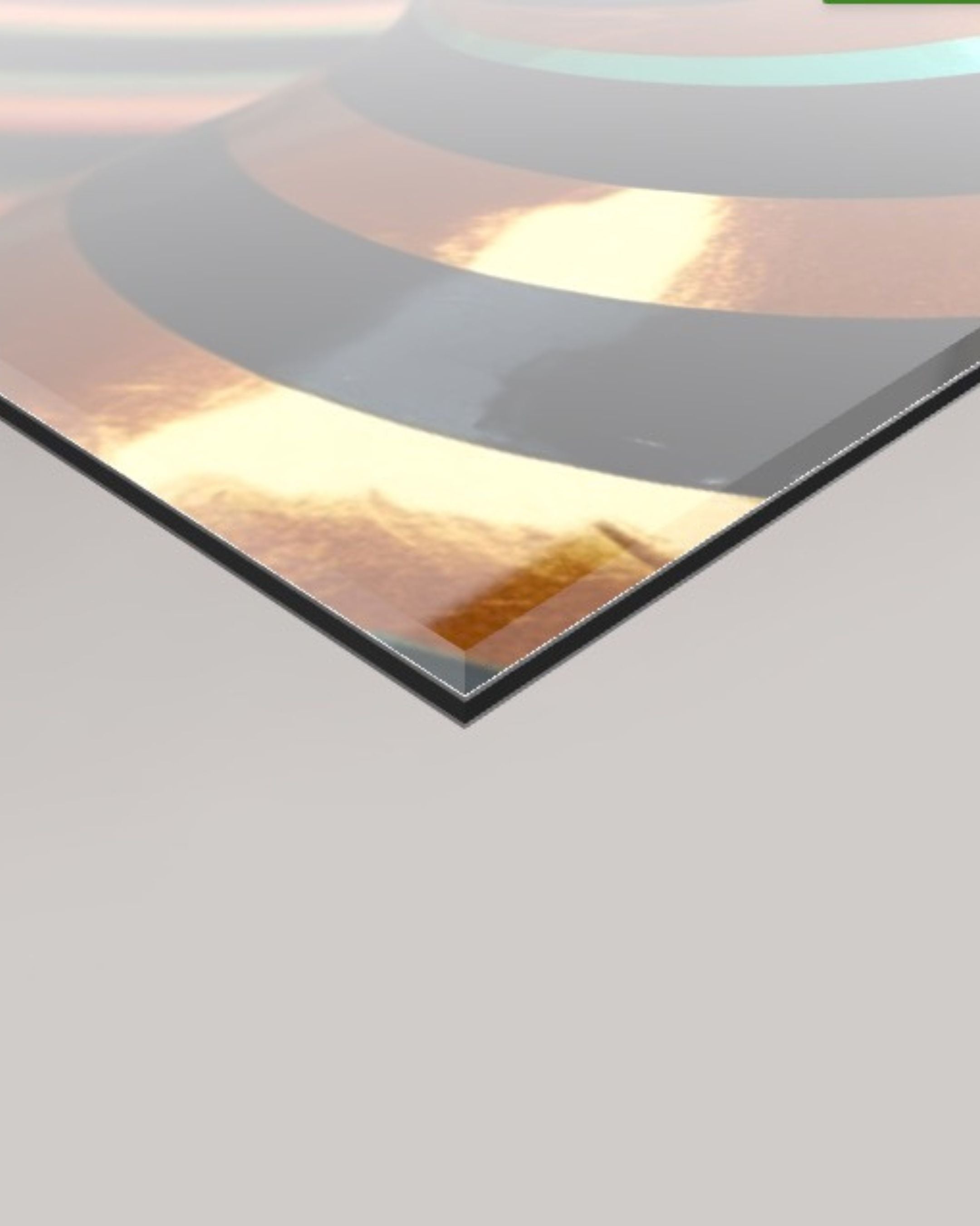 A close-up angled view of a 4mm glossy rectangular panel with a reflective metallic finish, showing warm copper-gold tones, dark grey bands, and a bright light reflection on a light grey background.