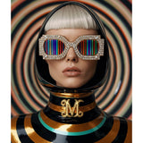 A stylized portrait of a person with a platinum blonde bob wearing oversized rhinestone-framed sunglasses with rainbow vertical stripes and a glossy black, gold and turquoise hooded outfit with a gold monogram at the neck, set against a yellow, green and black swirling concentric-circle background.