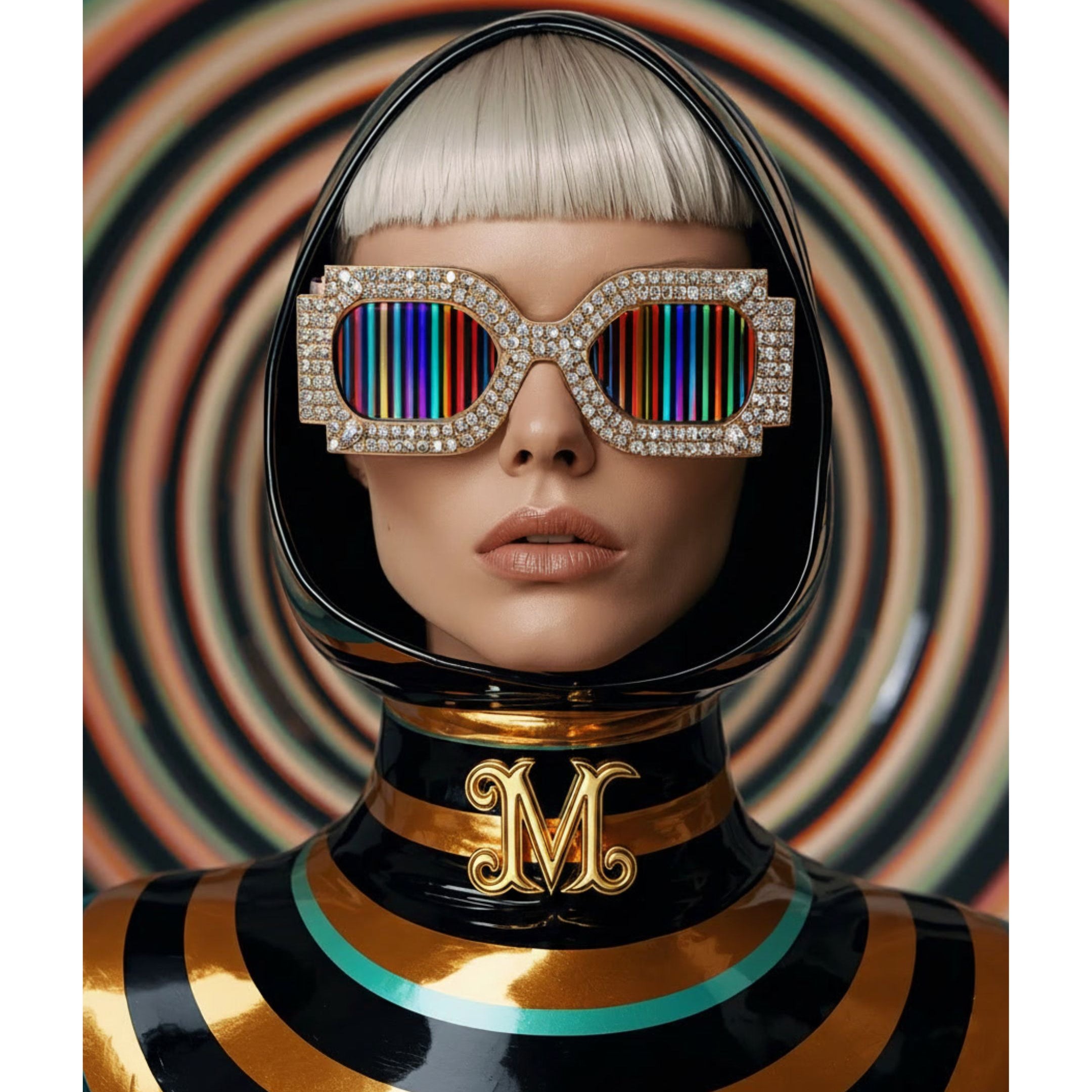 A stylized portrait of a person with a platinum blonde bob wearing oversized rhinestone-framed sunglasses with rainbow vertical stripes and a glossy black, gold and turquoise hooded outfit with a gold monogram at the neck, set against a yellow, green and black swirling concentric-circle background.