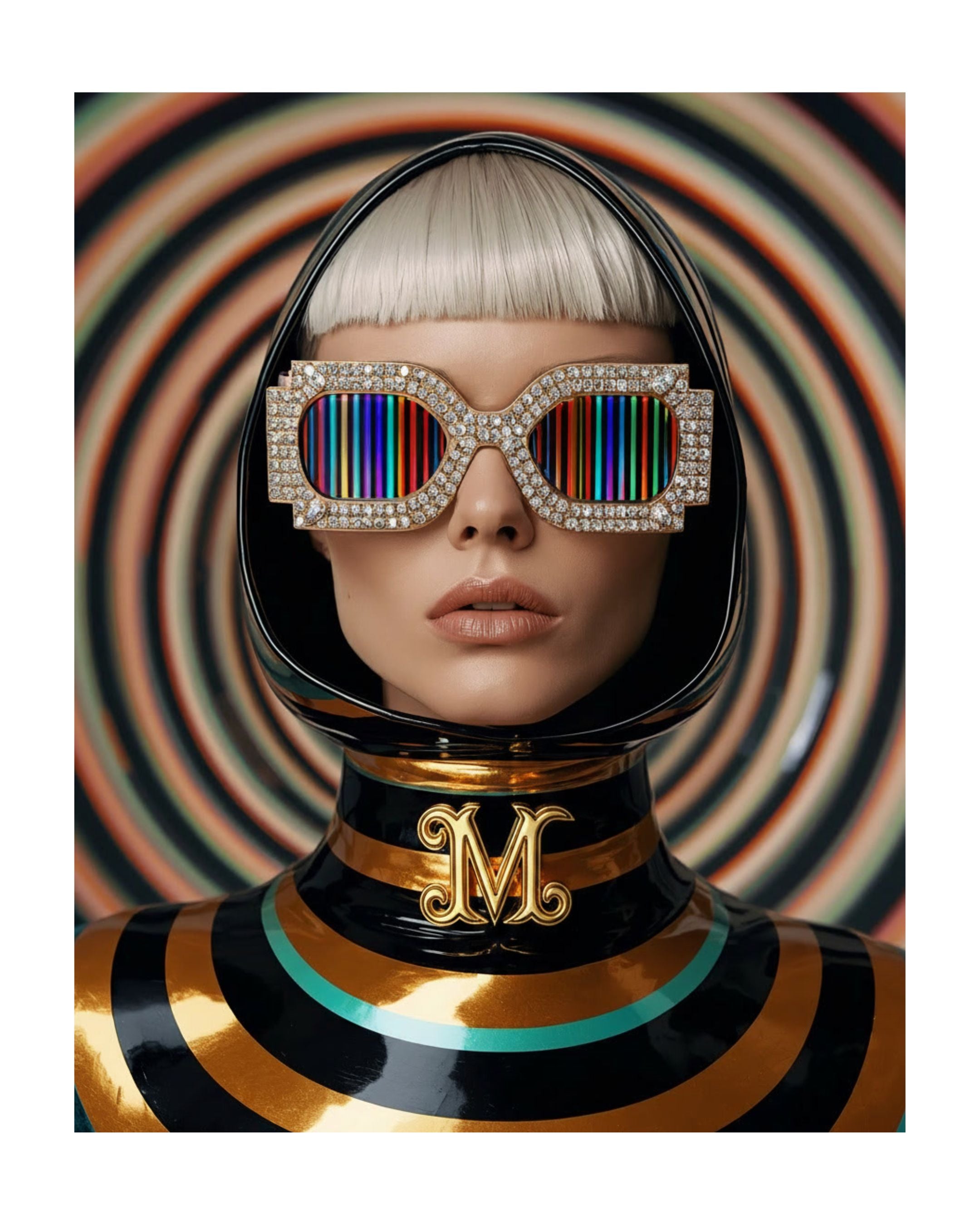 A stylized portrait of a person with a platinum blonde bob wearing oversized rhinestone-framed sunglasses with rainbow vertical stripes and a glossy black, gold and turquoise hooded outfit with a gold monogram at the neck, set against a yellow, green and black swirling concentric-circle background.