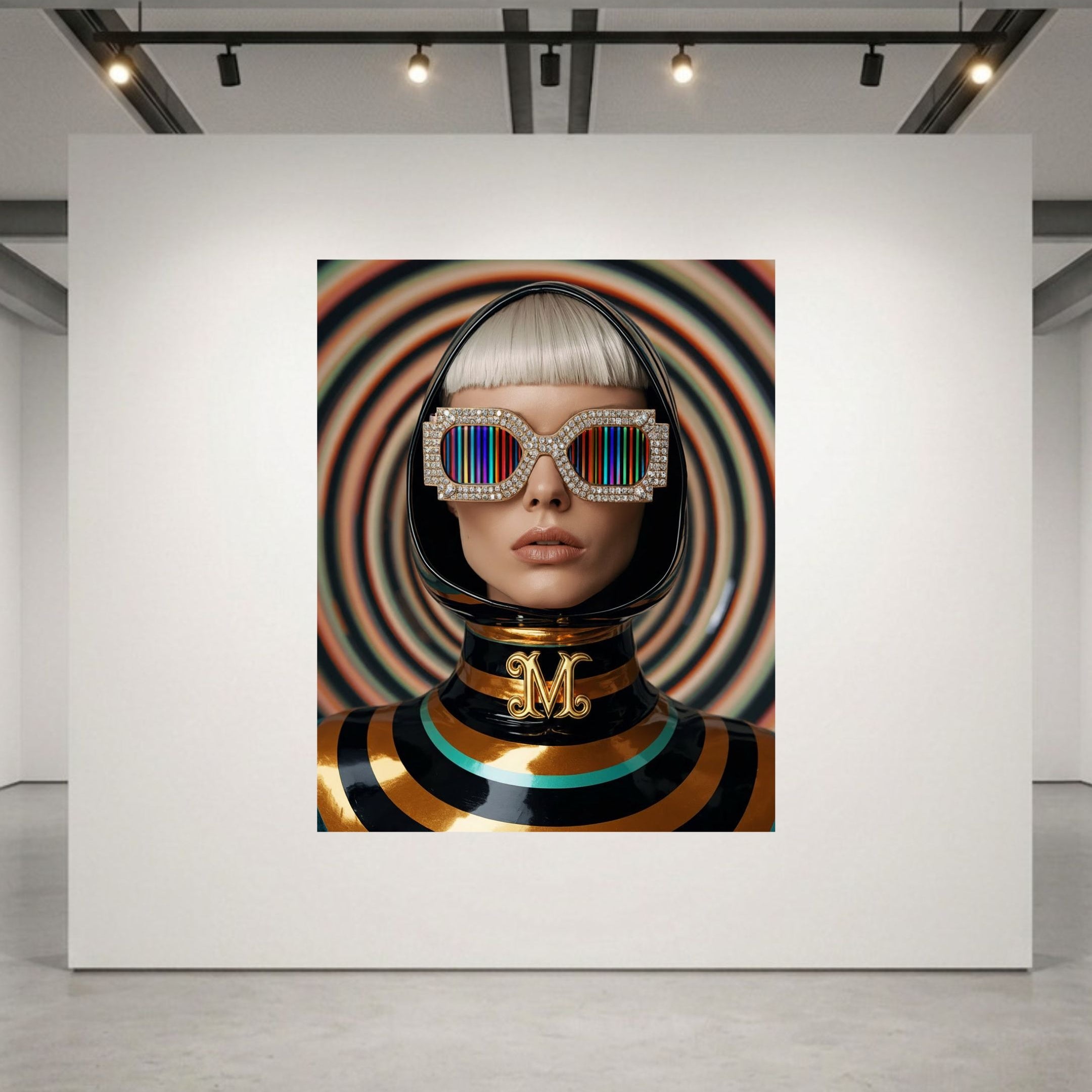 A framed fashion portrait print displayed on a white gallery wall, showing a person in a glossy black helmet with rainbow-striped sunglasses and a striped black, gold and turquoise outfit against a swirling multicolour background.