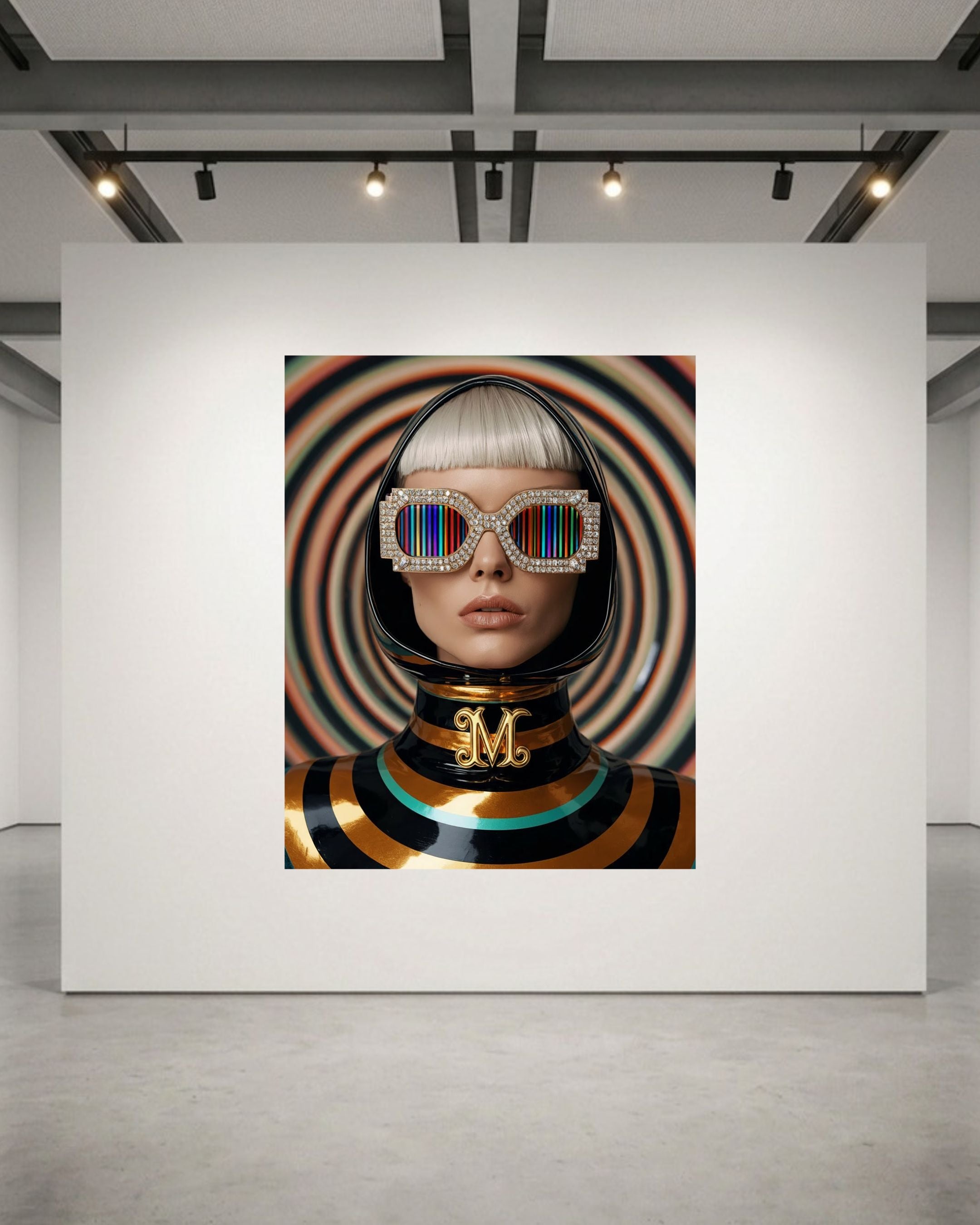 A framed fashion portrait print displayed on a white gallery wall, showing a person in a glossy black helmet with rainbow-striped sunglasses and a striped black, gold and turquoise outfit against a swirling multicolour background.