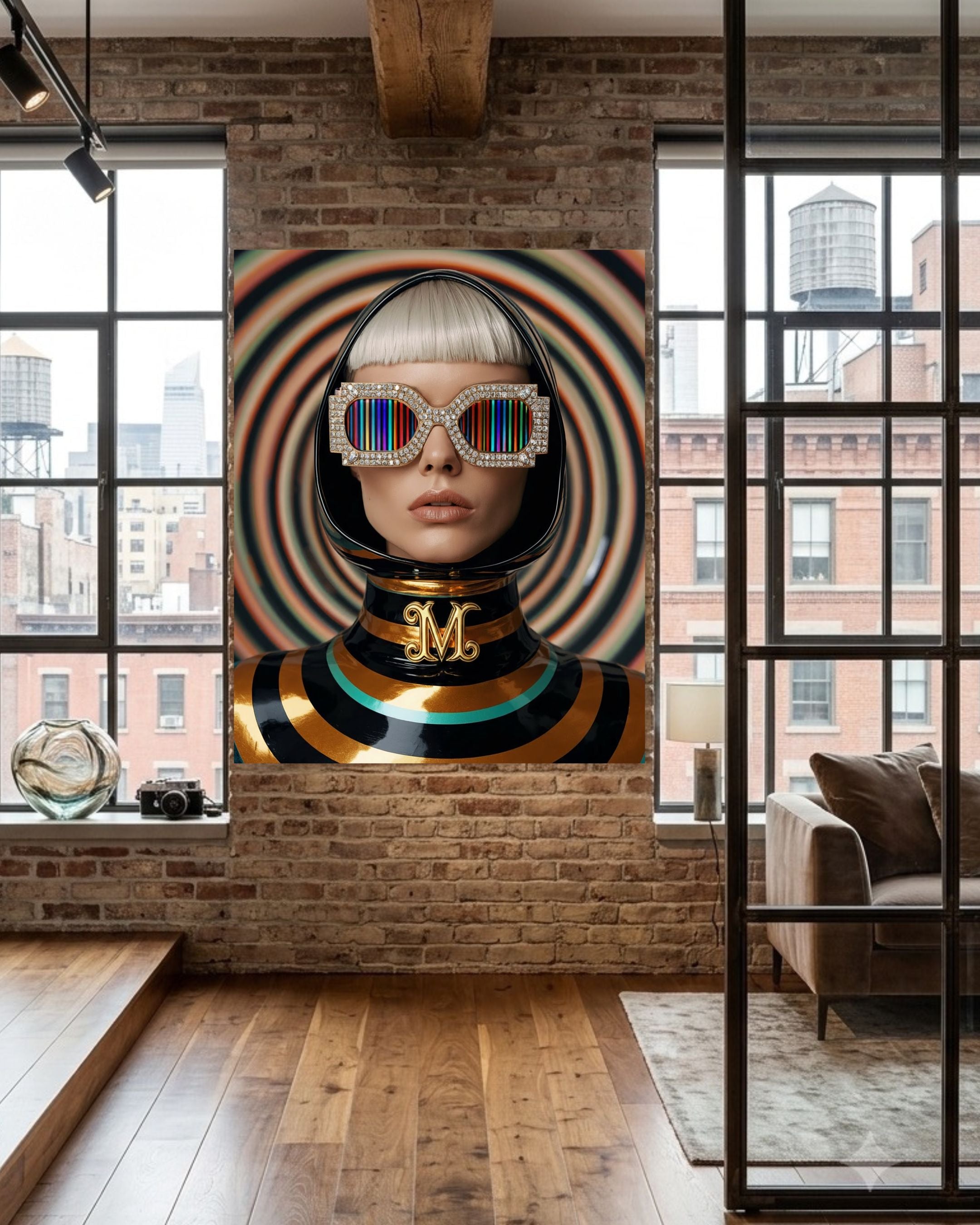 A large canvas wall art print featuring a stylized portrait of a woman with silver hair, rainbow-striped sunglasses, and a black, gold and turquoise striped top, displayed on a brick wall in a modern loft room with wood floors and large windows.