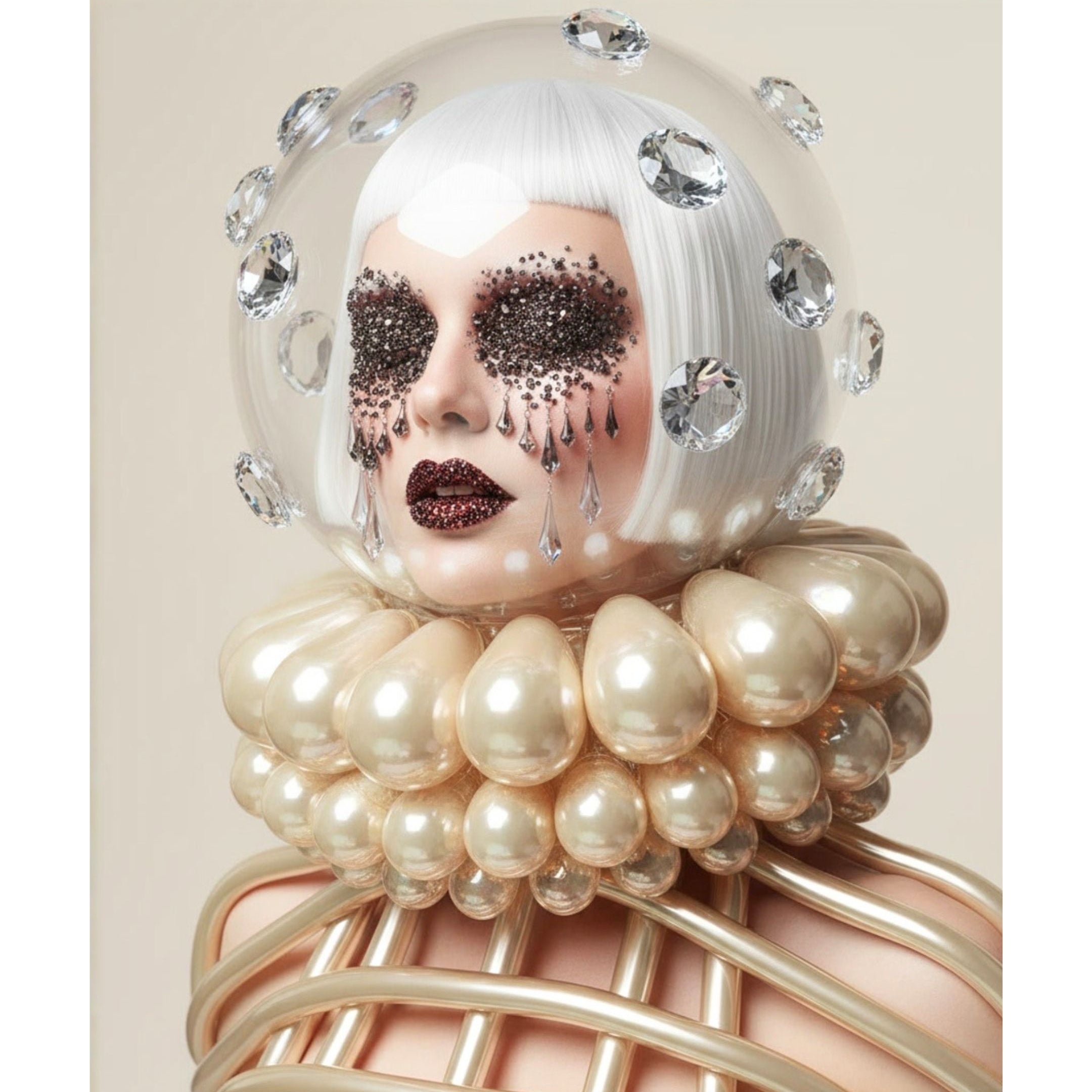 A surreal fashion portrait of a person with a white bob hair style, dramatic black glitter eye masks, and dark sparking red lipstick, wearing a clear dome helmet with diamonds and a fluted pearl-like ruff collar, with metallic gold cage-like ribbing around the neck and shoulders, set against a warm beige background.