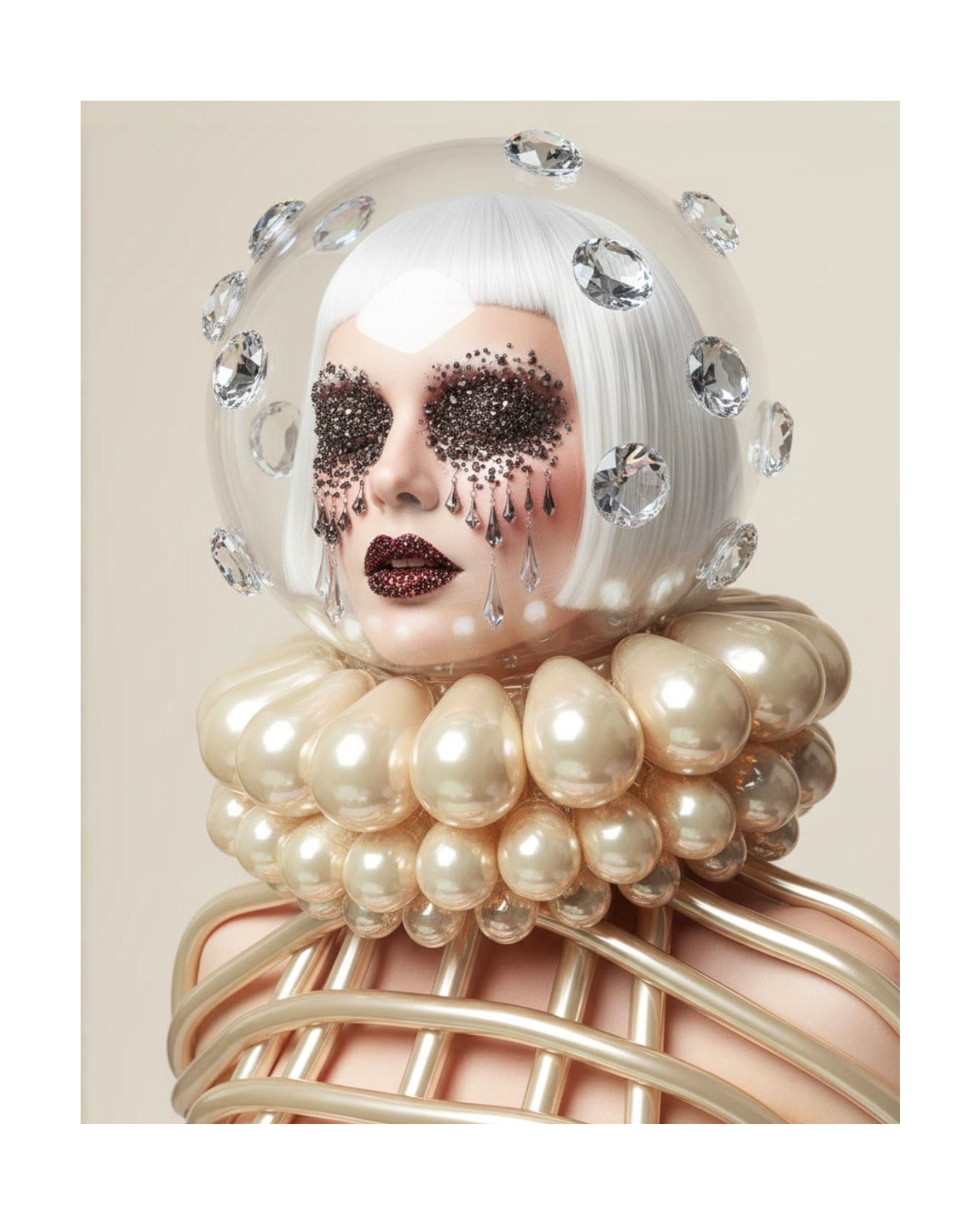 A surreal fashion portrait of a person with a white bob hair style, dramatic black glitter eye masks, and dark sparking red lipstick, wearing a clear dome helmet with diamonds and a fluted pearl-like ruff collar, with metallic gold cage-like ribbing around the neck and shoulders, set against a warm beige background.