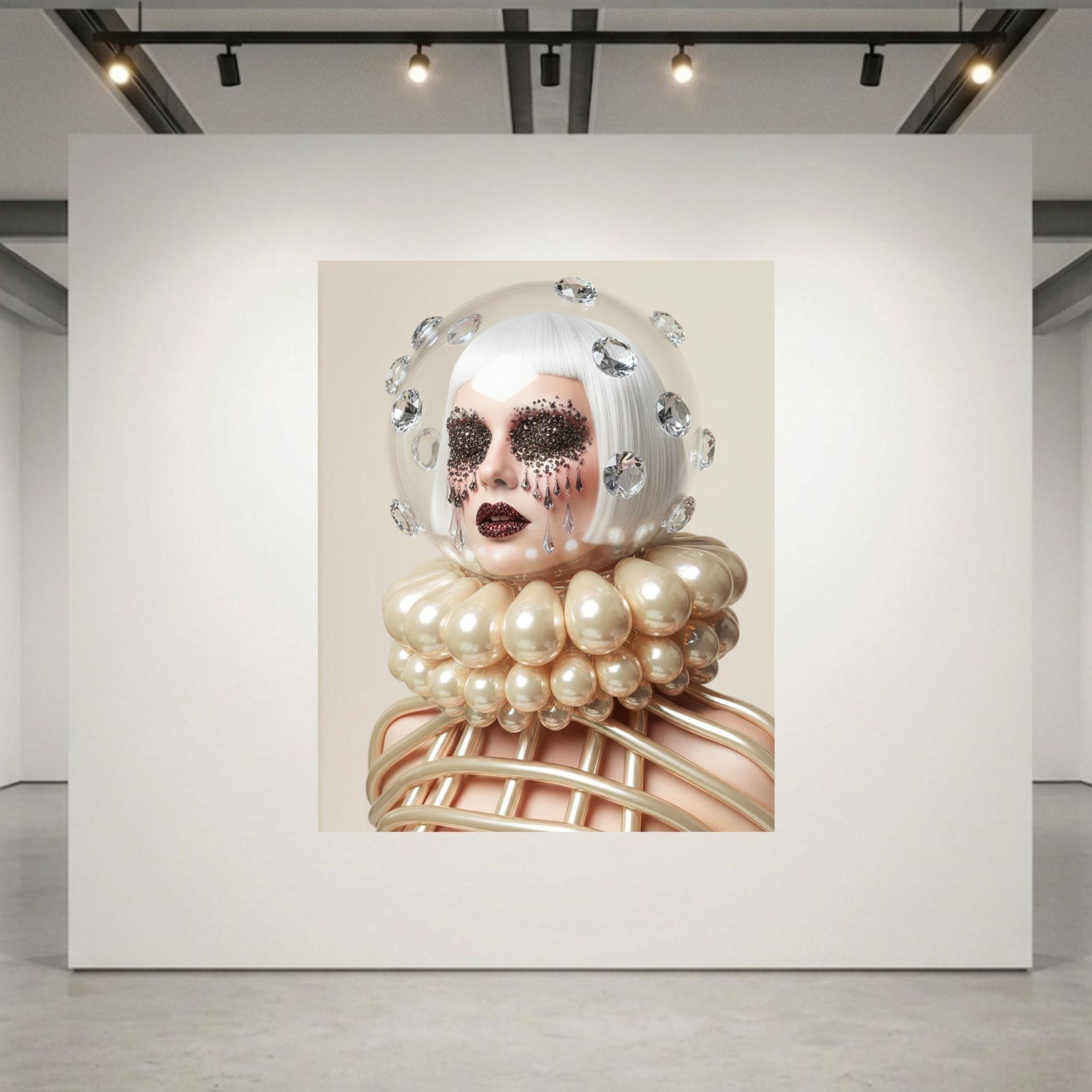 A large museum-grade framed artwork displayed on a white gallery wall, showing a surreal portrait of a woman with a white helmet-like headpiece, silver diamond accents, dark crystal eye masks with crystal tear droplets and a pearl-like caged ruff collar against a beige background.