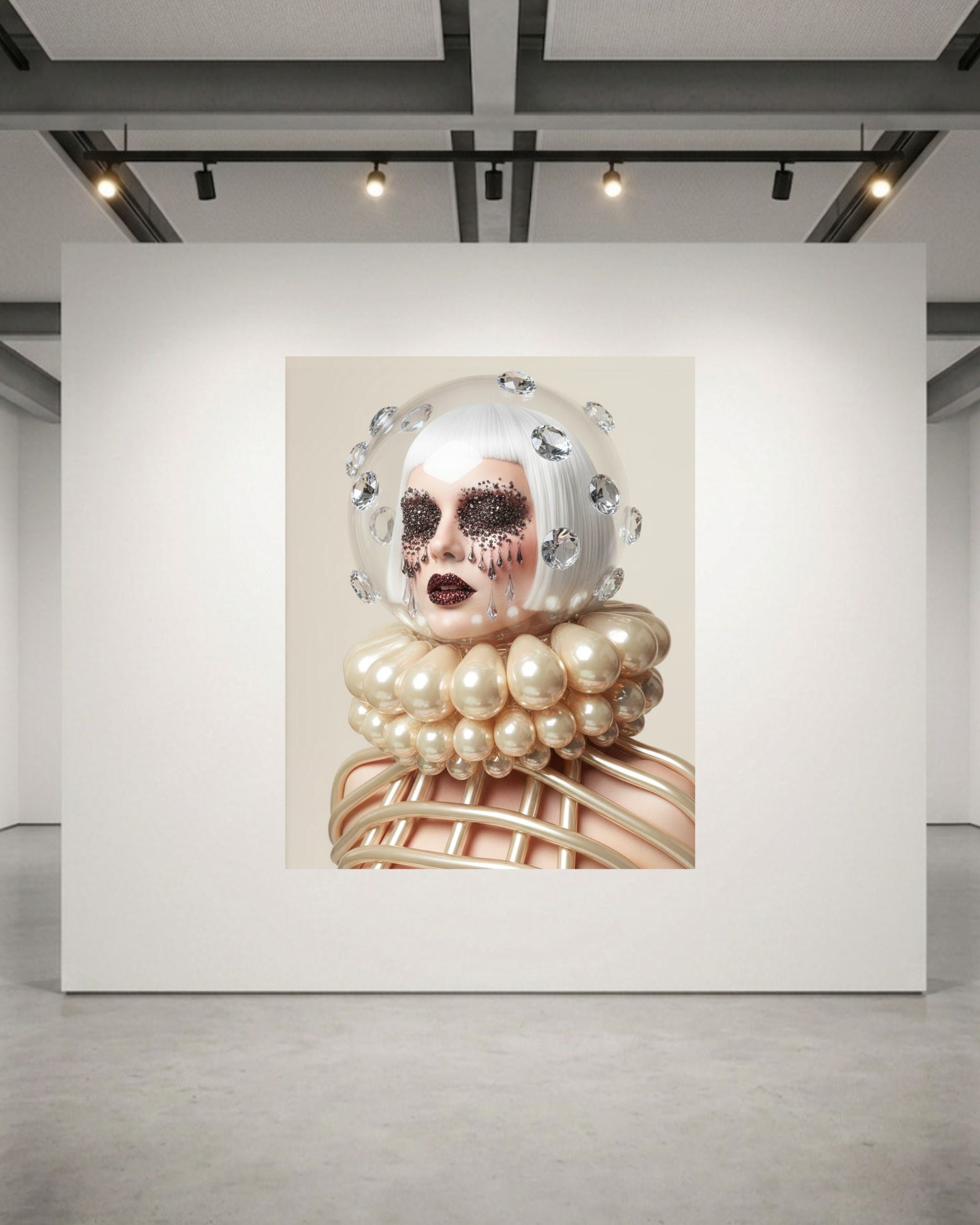 A large museum-grade framed artwork displayed on a white gallery wall, showing a surreal portrait of a woman with a white helmet-like headpiece, silver diamond accents, dark crystal eye masks with crystal tear droplets and a pearl-like caged ruff collar against a beige background.