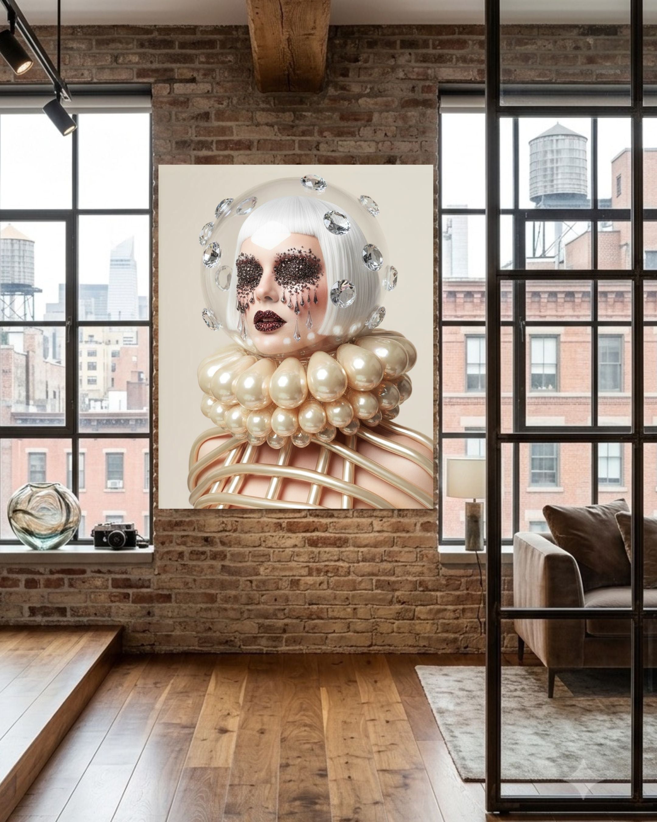 A large vertical wall art displayed in a modern loft-style room with exposed brick walls, wood floors, and large windows. The artwork depicts a surreal woman with a clear glass helmet, pale face, dark crystal eye patches with crystal tears, and a voluminous pearl-like collar and ribbed body against a light beige background.