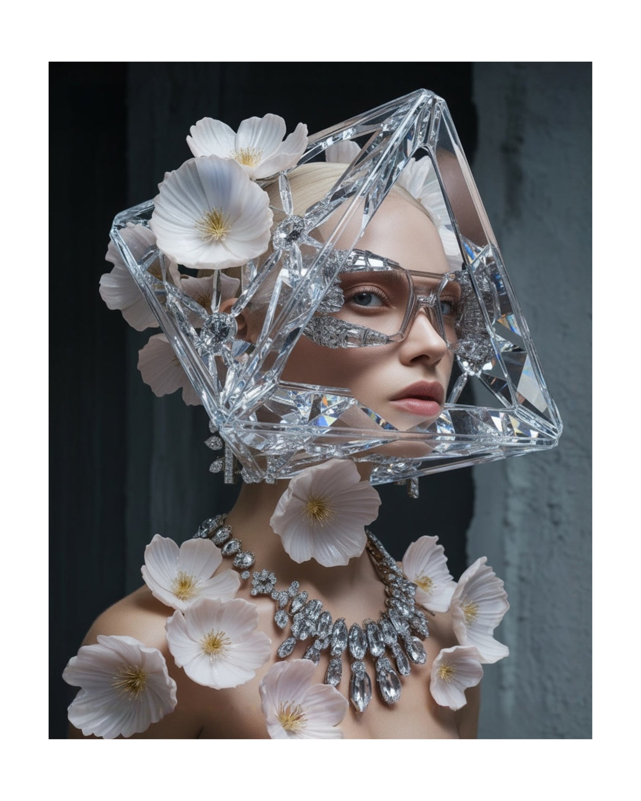 A surreal portrait of a model wearing a sculptural clear crystal geometric headpiece with white flowers, a matching crystal necklace, and clear eyeglasses against a dark gray background.
