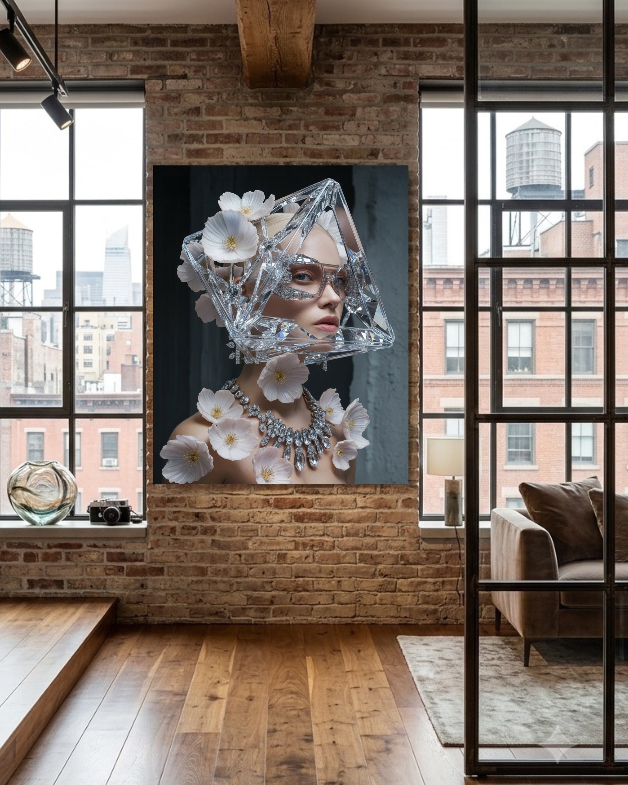 A large framed wall art print hangs on a brick wall in a modern loft-style room with wood floors and large windows. The artwork shows a woman's face and neck adorned with pink flowers, a clear geometric headpiece and a silver diamond necklace against a dark background.