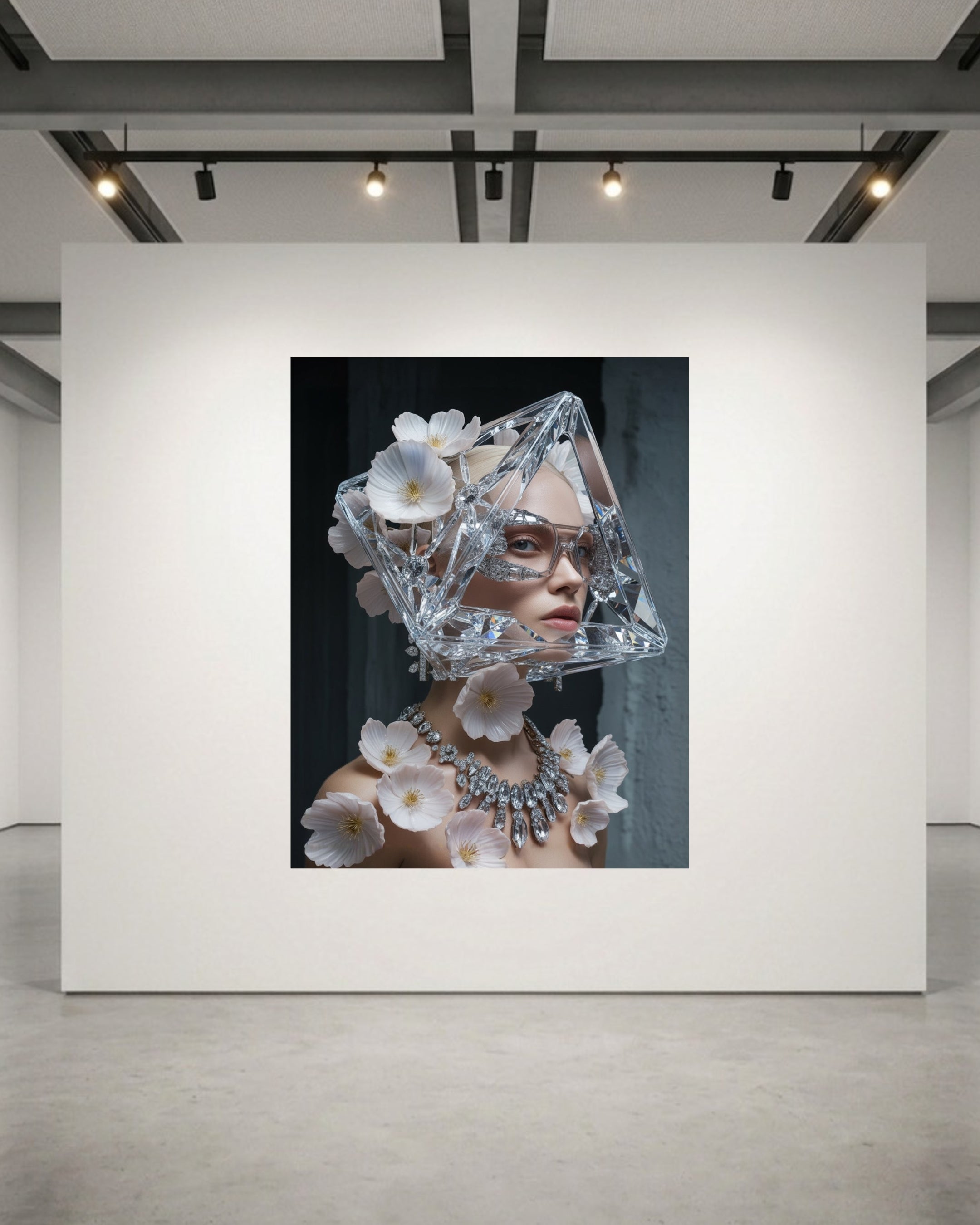 A large framed art print displayed on a white gallery wall, featuring a surreal portrait of a woman wearing a clear geometric crystal-like headpiece with pink flowers and a silver diamond necklace against a dark background. 
