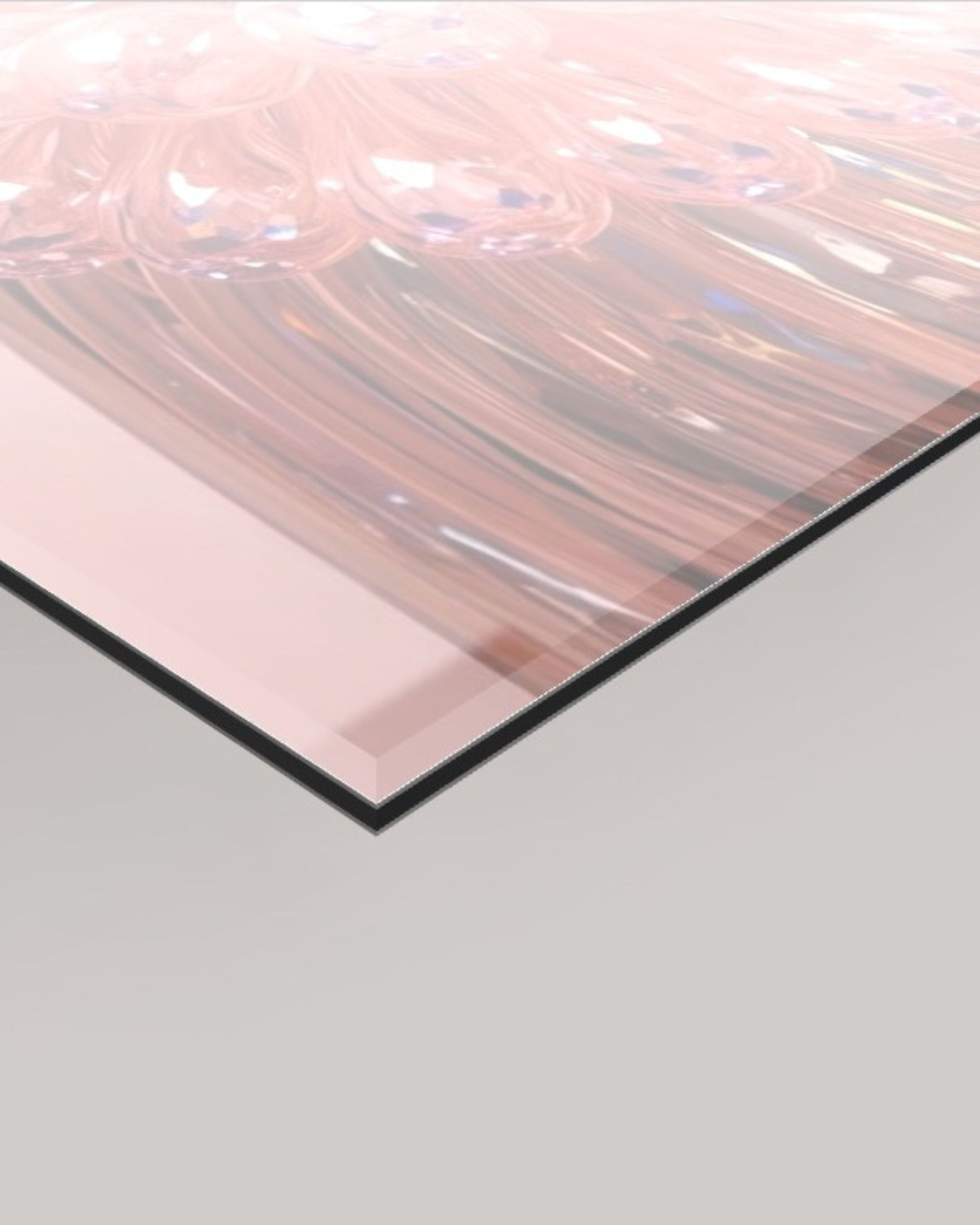 A close-up of a 4mm acrylic glass glossy rectangular panel with an abstract iridescent surface showing pink, peach, and gray tones, photographed at an angle against a light gray background.