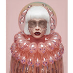 A stylized portrait of a person with short white hair, a sparkly face mask, with crystal tears, dark red lipstick, and a large iridescent pink collar made of bubble-like glass translucent elements, set against a soft pink background. 