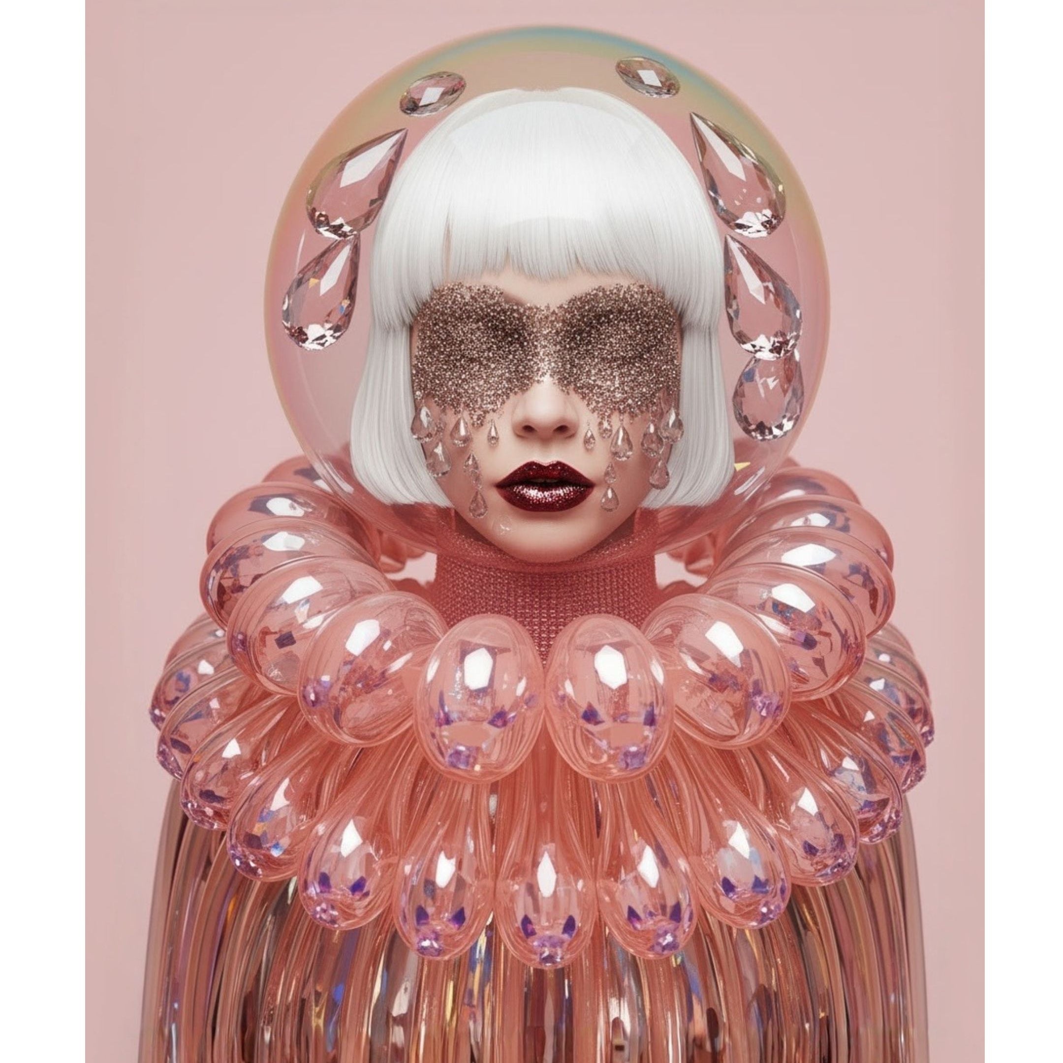 A stylized portrait of a person with short white hair, a sparkly face mask, with crystal tears, dark red lipstick, and a large iridescent pink collar made of bubble-like glass translucent elements, set against a soft pink background. 