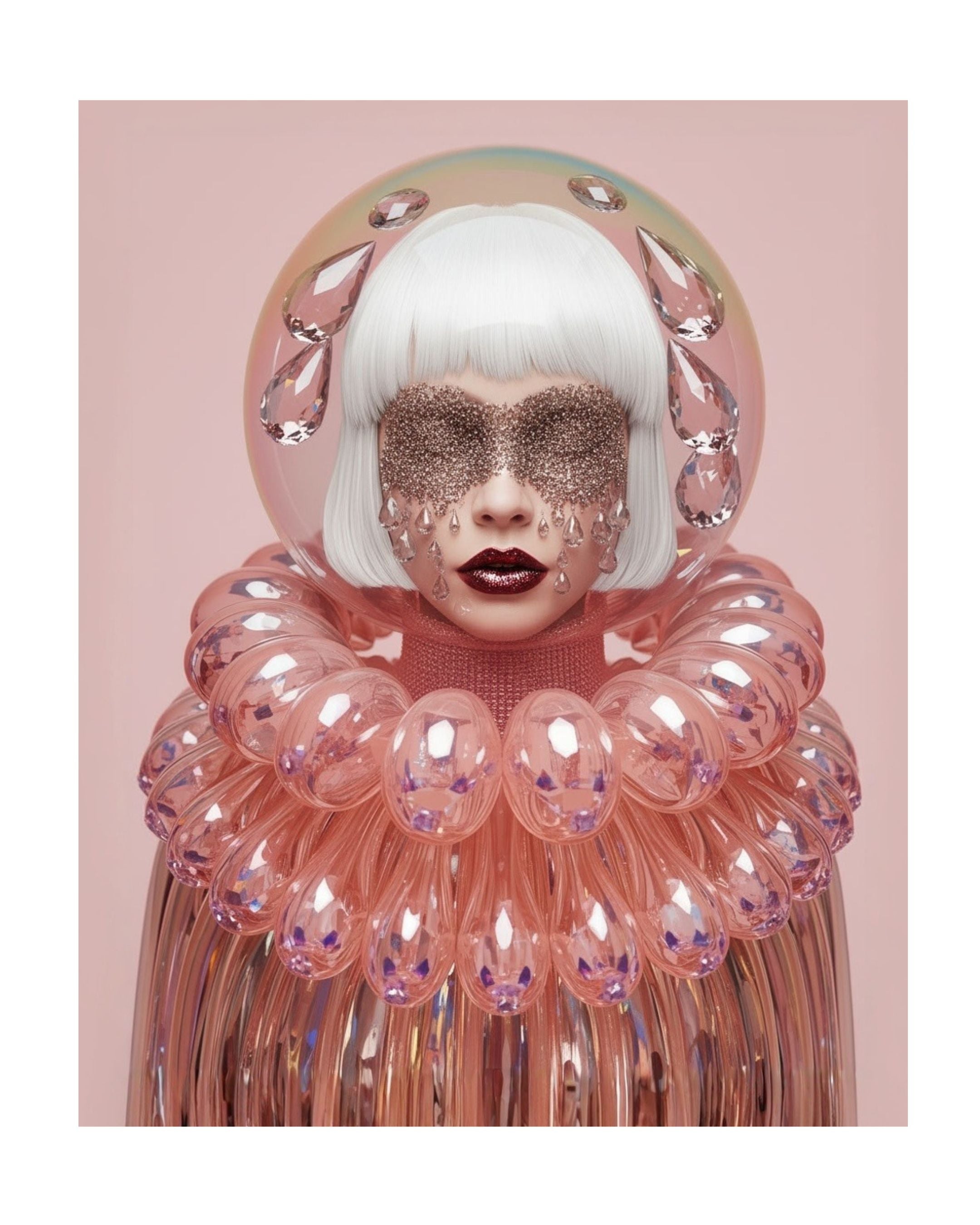 A stylized portrait of a person with short white hair, a sparkly face mask, with crystal tears, dark red lipstick, and a large iridescent pink collar made of bubble-like glass translucent elements, set against a soft pink background. 