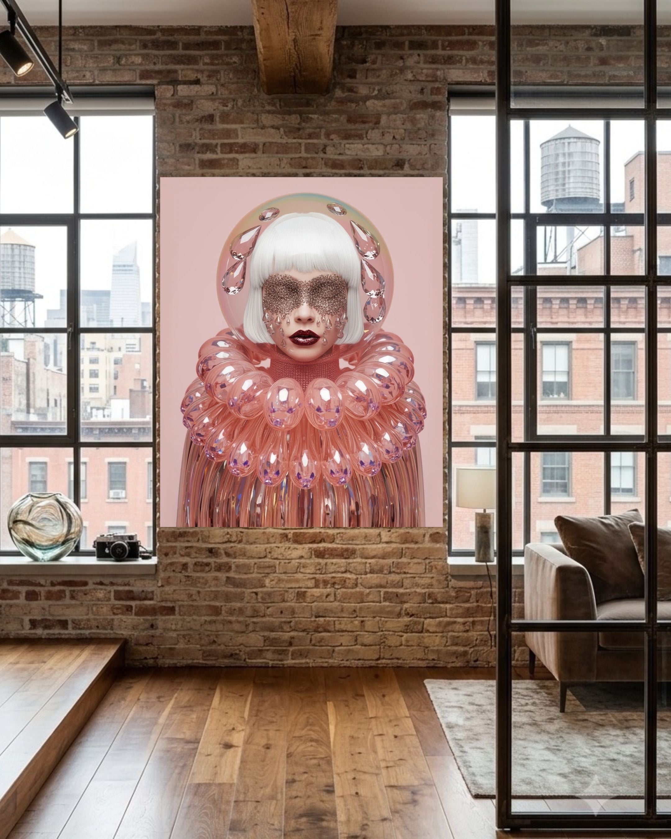 A large vertical wall art under acrylic glass featuring a stylized portrait of a woman with white hair and a pink bubble-like collar, displayed on a brick wall in a modern loft interior with windows and a sofa visible. 
