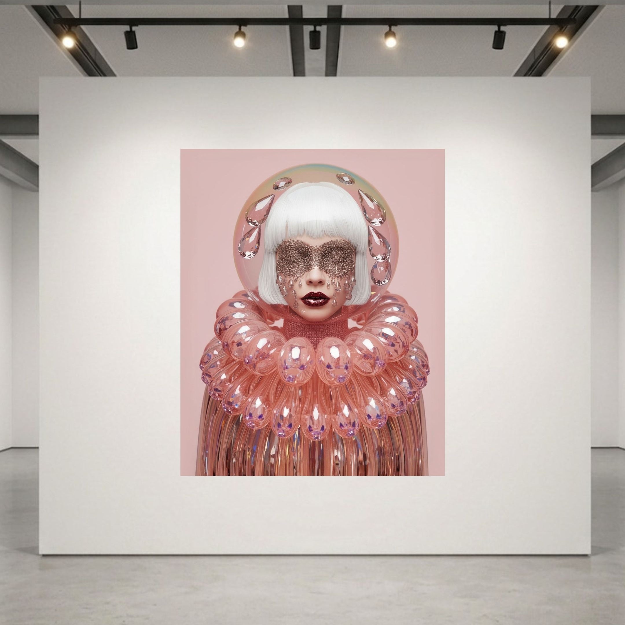 A surreal portrait artwork displayed on a large white gallery wall. The artwork features a figure with a white bob haircut, pale skin with metallic patterns, and a voluminous pink collar with pink bubble-like glass accents, set against a solid pink background. 
