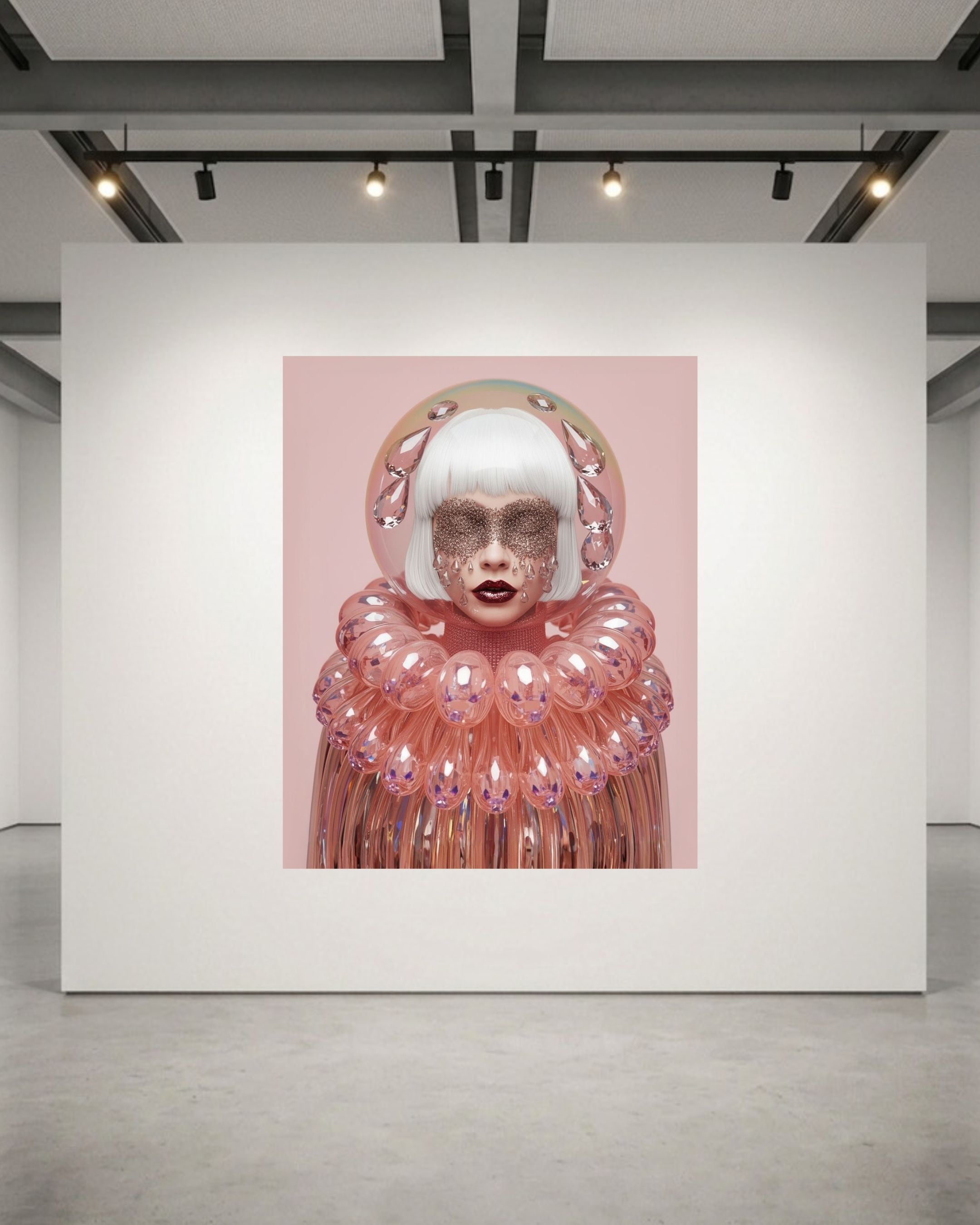 A surreal portrait artwork displayed on a large white gallery wall. The artwork features a figure with a white bob haircut, pale skin with metallic patterns, and a voluminous pink collar with pink bubble-like glass accents, set against a solid pink background. 