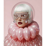 A stylized portrait of a woman with a short white hair, a pink translucent bubble headpiece, a jeweled eye mask, and a large pleated pink collar against a soft pink background. Surreal artwork by MizDragonfly.