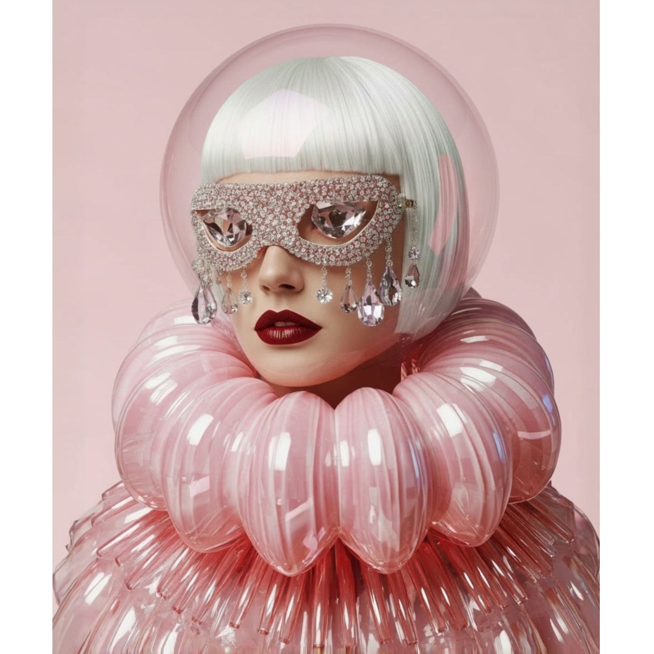 A stylized portrait of a woman with a short white hair, a pink translucent bubble headpiece, a jeweled eye mask, and a large pleated pink collar against a soft pink background. Surreal artwork by MizDragonfly.