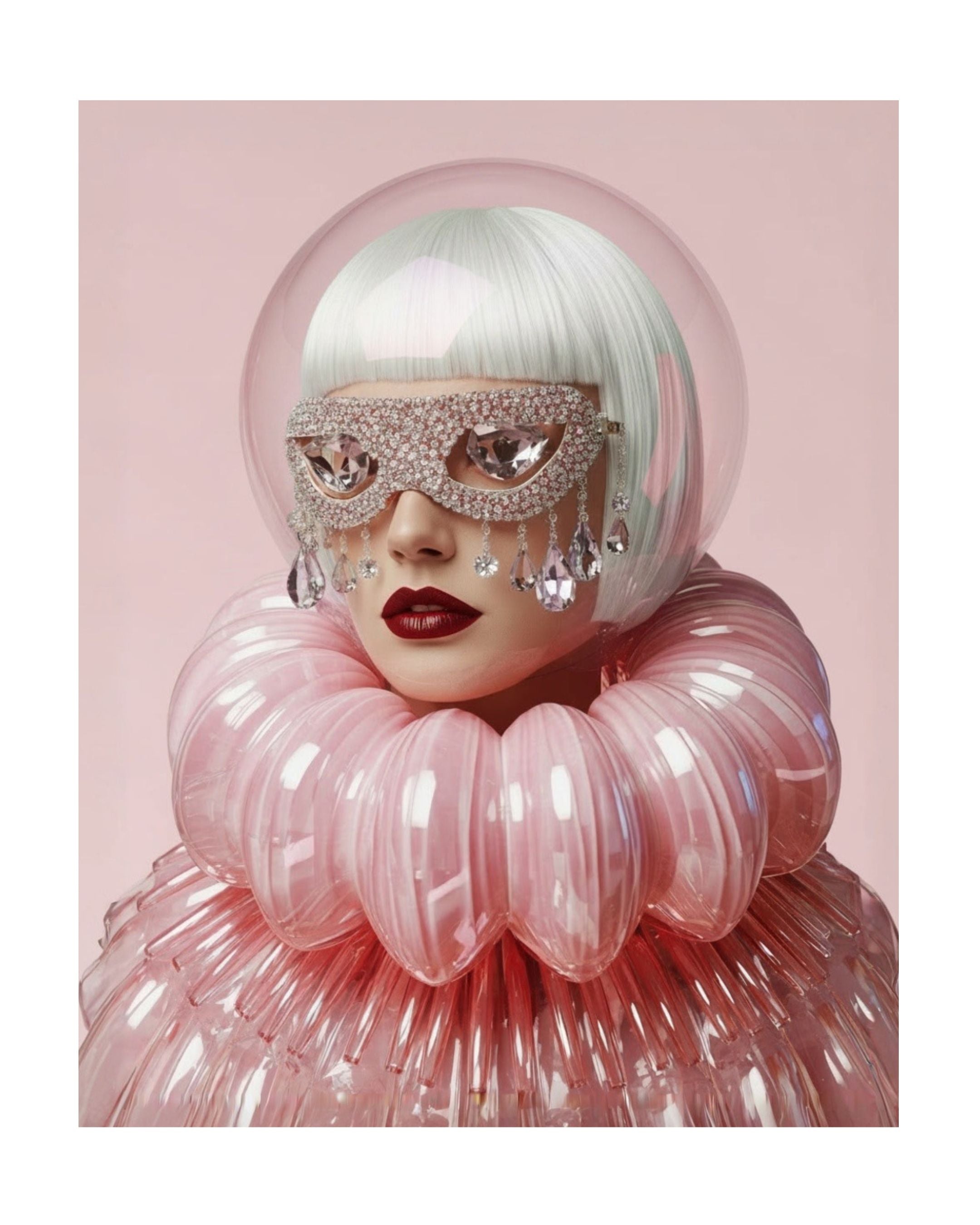 A stylized portrait of a woman with a short white hair, a pink translucent bubble headpiece, a jeweled eye mask, and a large pleated pink collar against a soft pink background. Surreal artwork by MizDragonfly.