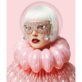 A stylized portrait of a woman with a short white hair, a pink translucent bubble headpiece, a jeweled eye mask, and a large pleated pink collar against a soft pink background. Surreal artwork by MizDragonfly.