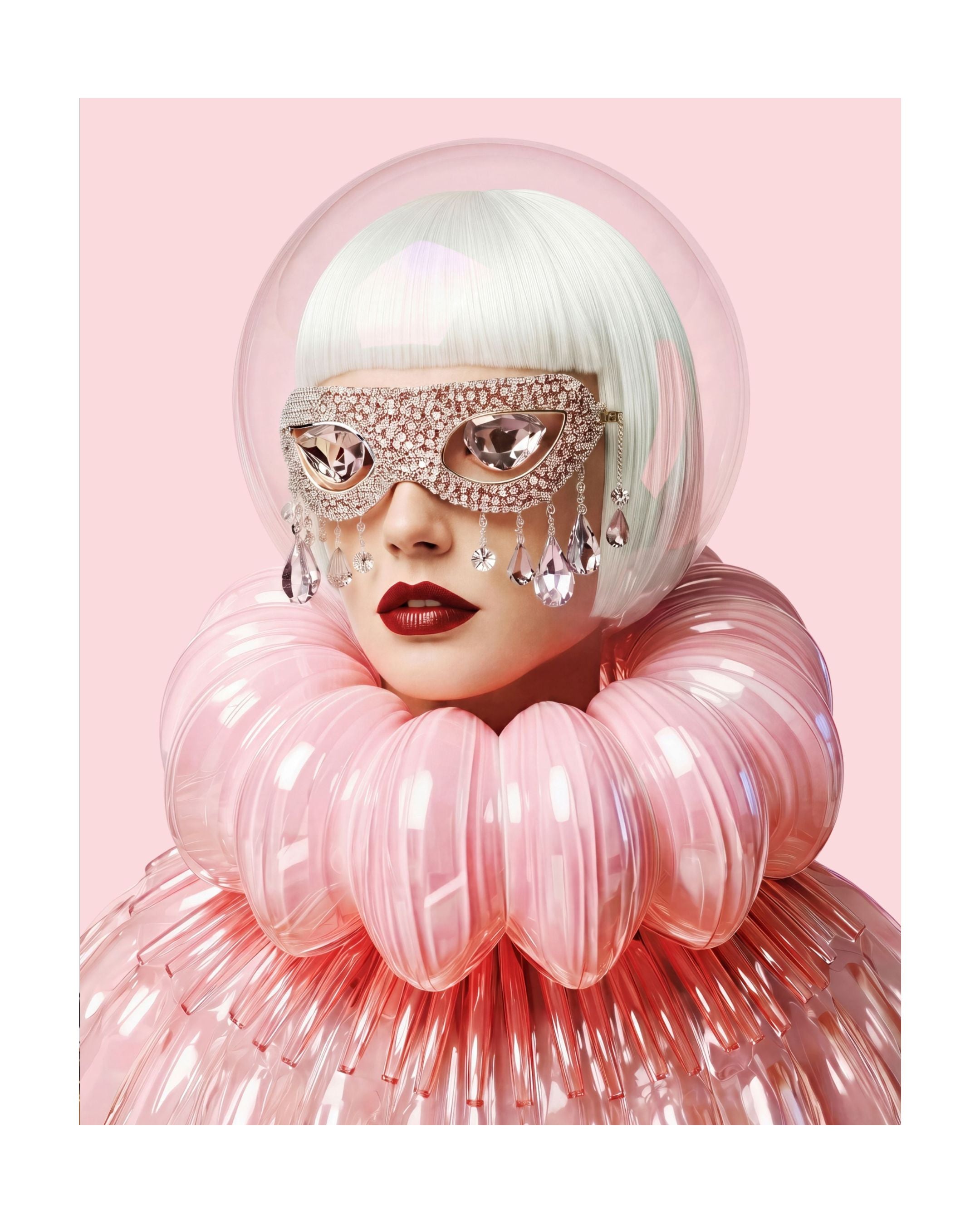 A stylized portrait of a woman with a short white hair, a pink translucent bubble headpiece, a jeweled eye mask, and a large pleated pink collar against a soft pink background. Surreal artwork by MizDragonfly.